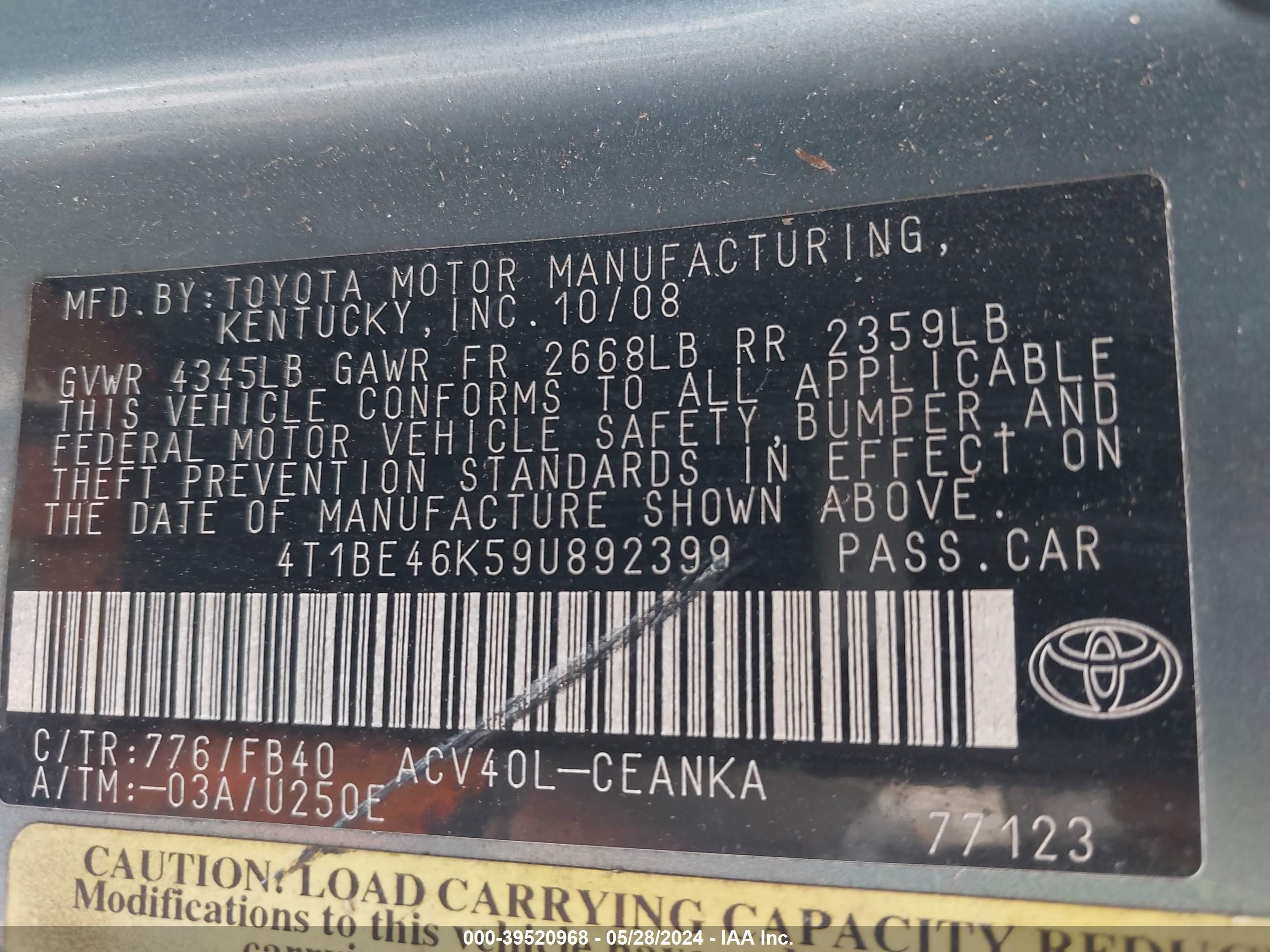 Photo 8 VIN: 4T1BE46K59U892399 - TOYOTA CAMRY 