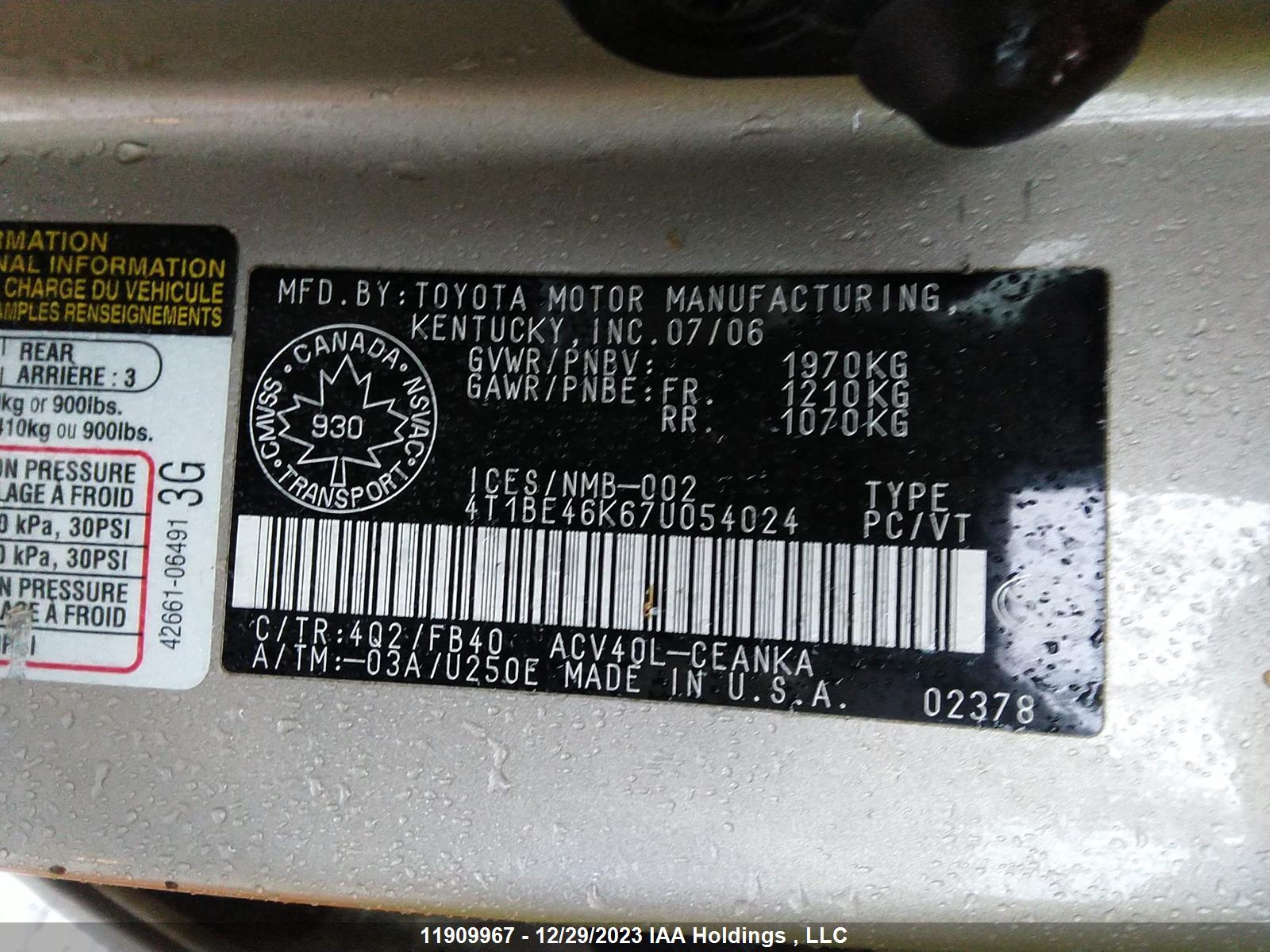 Photo 8 VIN: 4T1BE46K67U054024 - TOYOTA CAMRY 