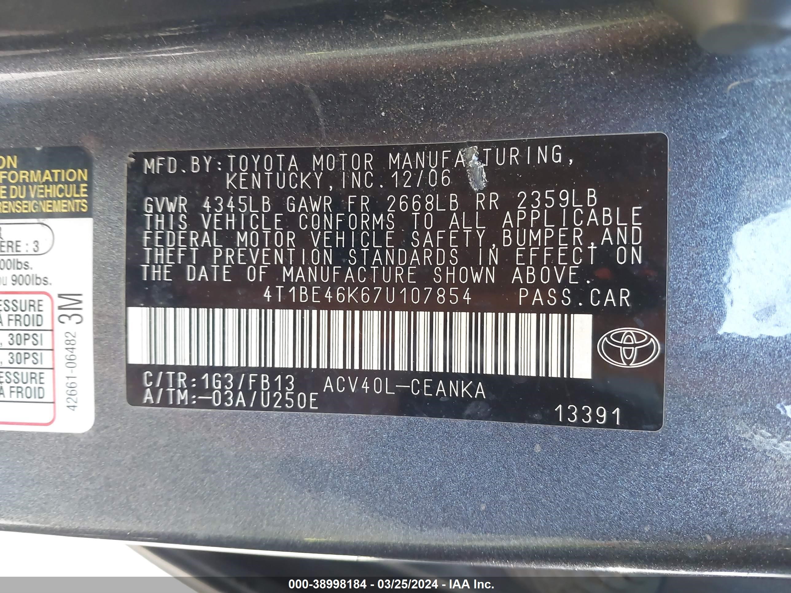 Photo 8 VIN: 4T1BE46K67U107854 - TOYOTA CAMRY 