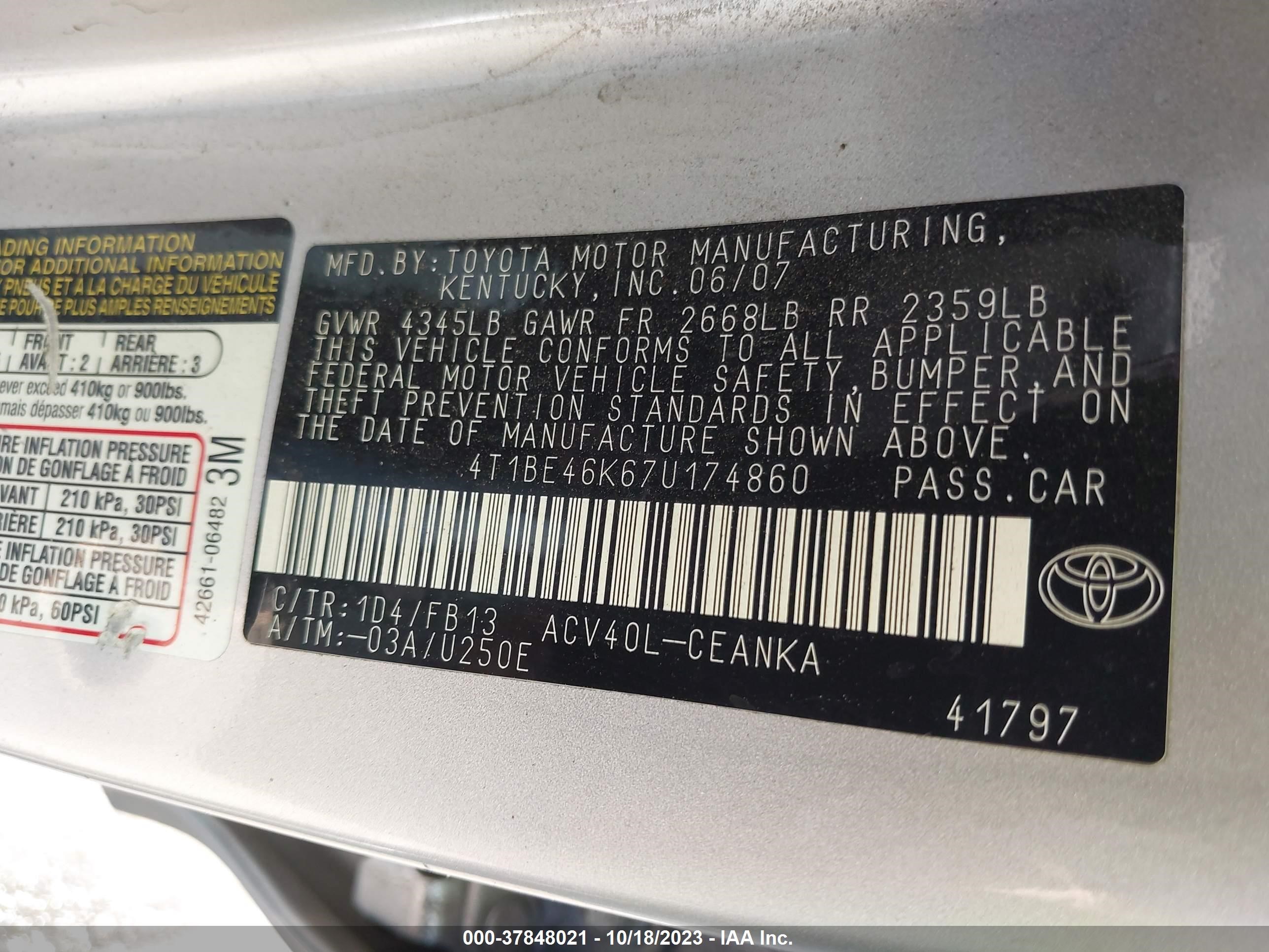 Photo 8 VIN: 4T1BE46K67U174860 - TOYOTA CAMRY 