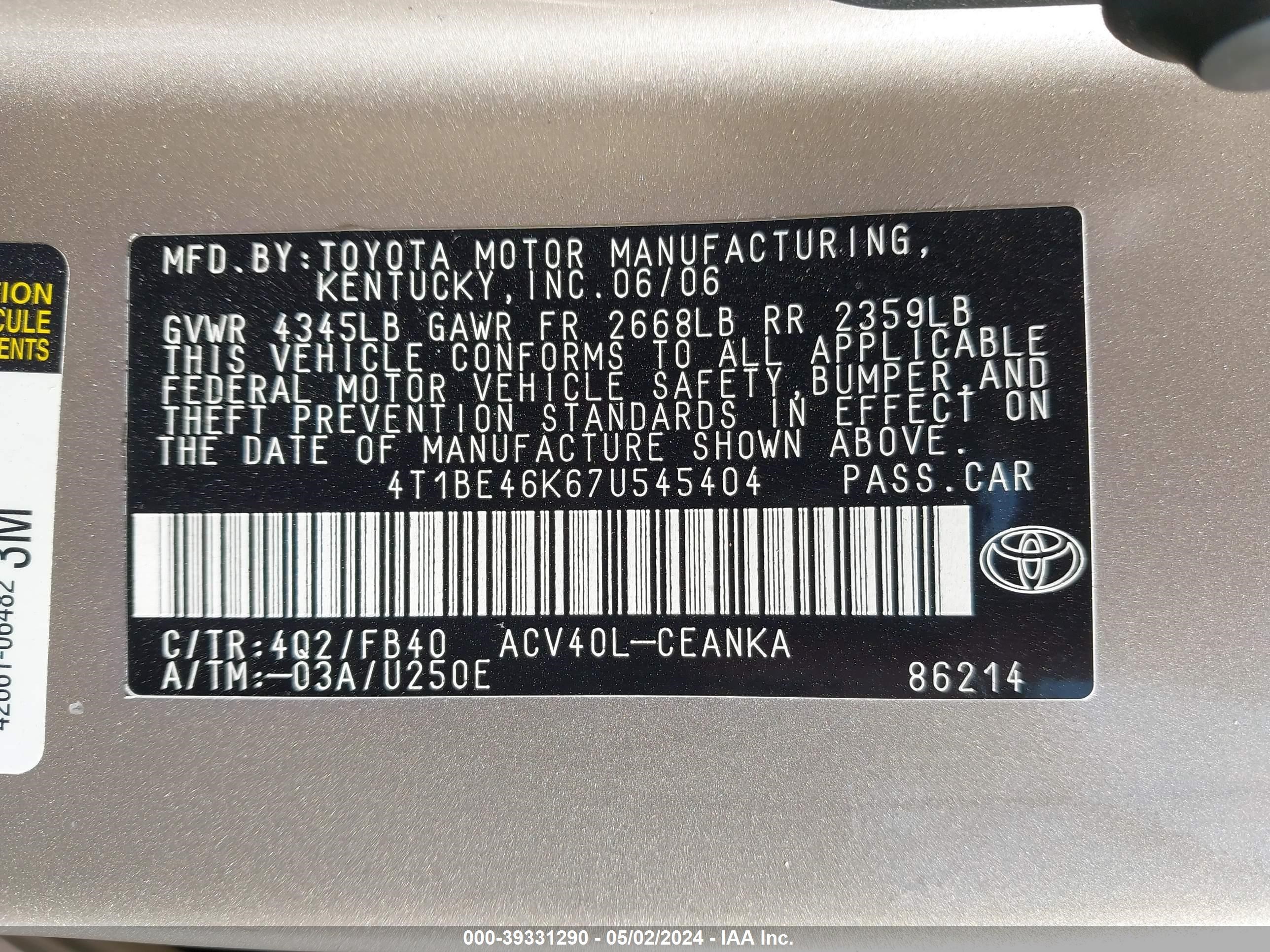 Photo 8 VIN: 4T1BE46K67U545404 - TOYOTA CAMRY 