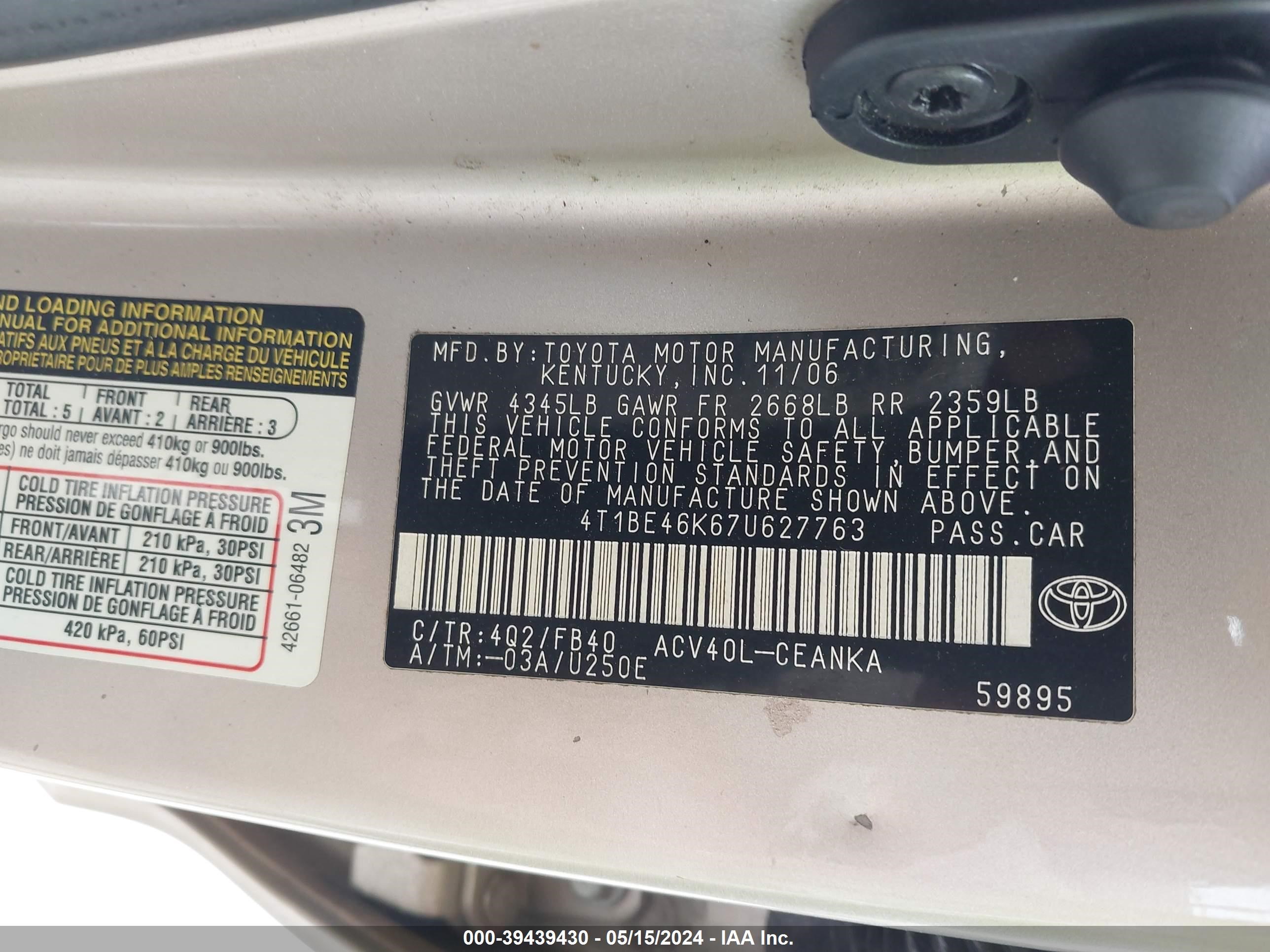 Photo 8 VIN: 4T1BE46K67U627763 - TOYOTA CAMRY 