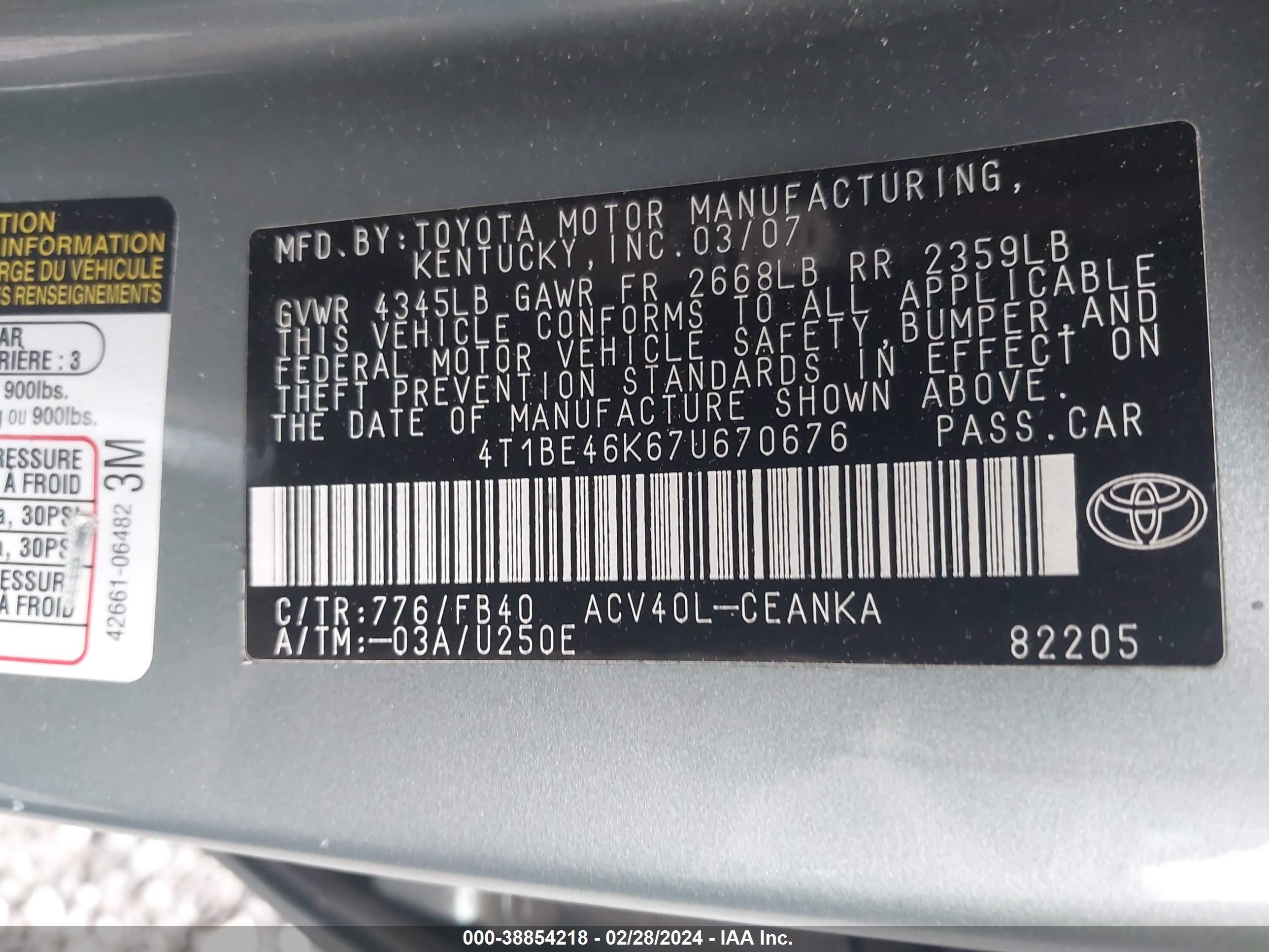 Photo 8 VIN: 4T1BE46K67U670676 - TOYOTA CAMRY 