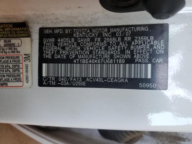 Photo 11 VIN: 4T1BE46K67U681189 - TOYOTA CAMRY CE 