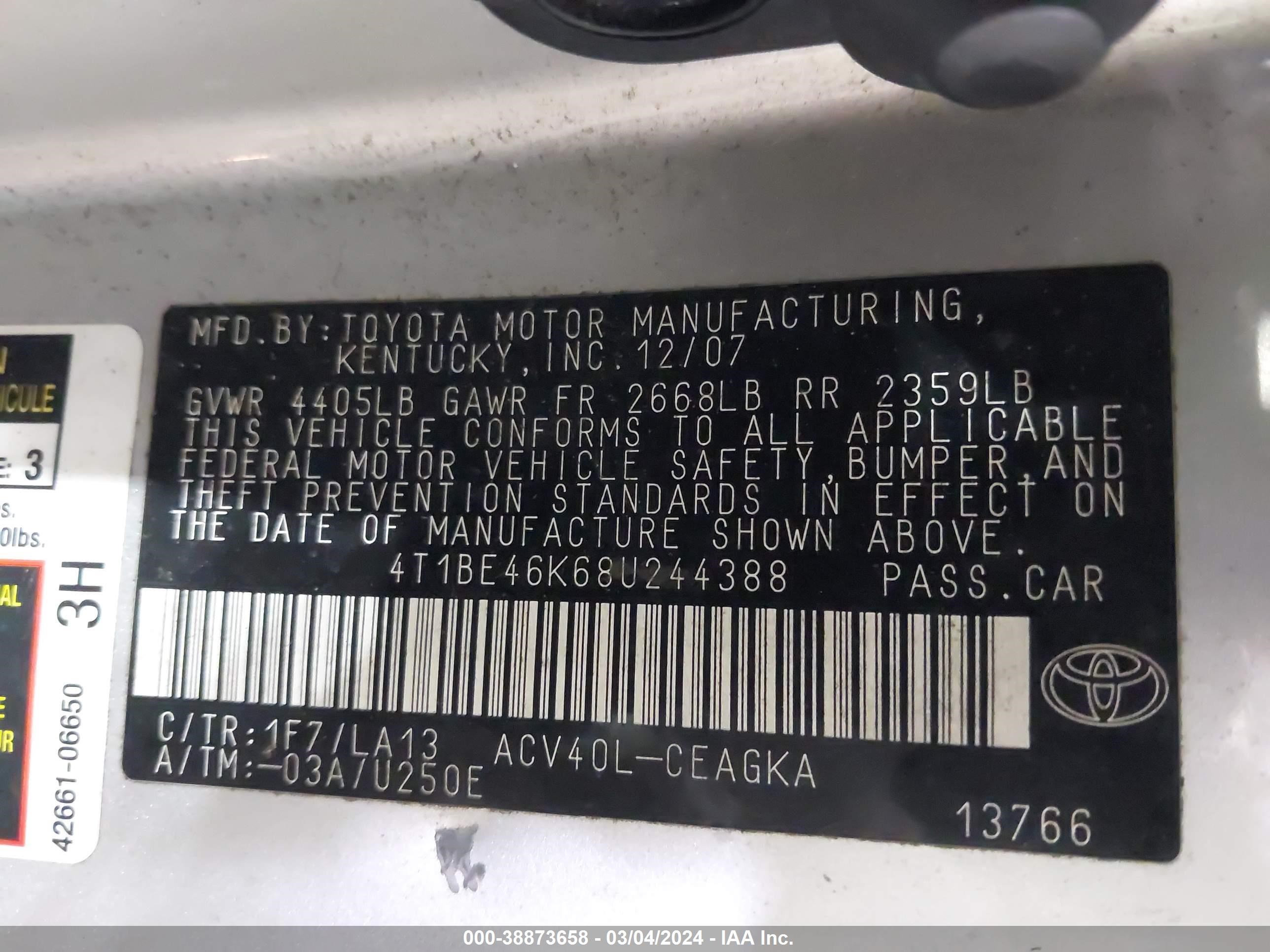 Photo 8 VIN: 4T1BE46K68U244388 - TOYOTA CAMRY 