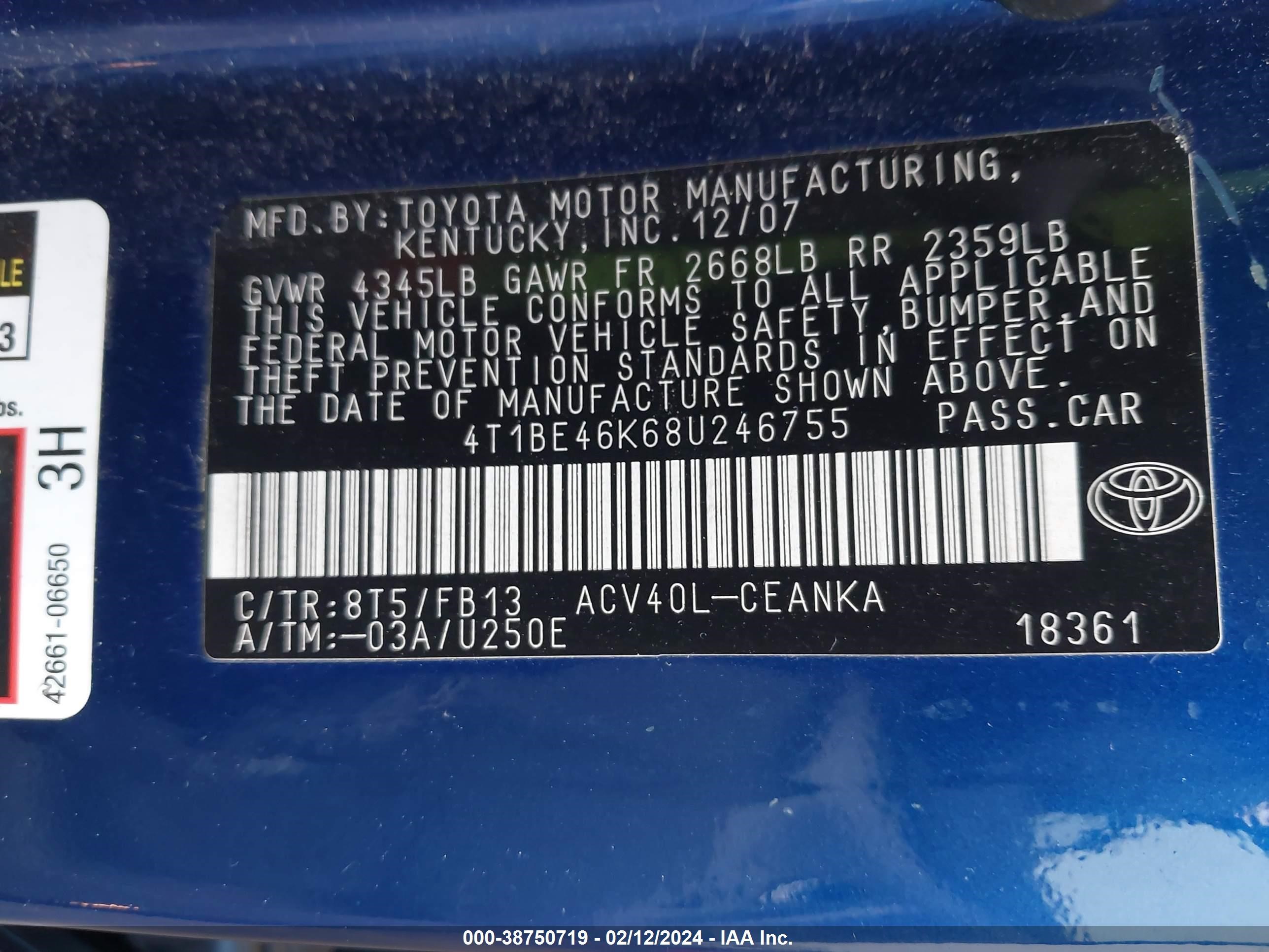 Photo 8 VIN: 4T1BE46K68U246755 - TOYOTA CAMRY 