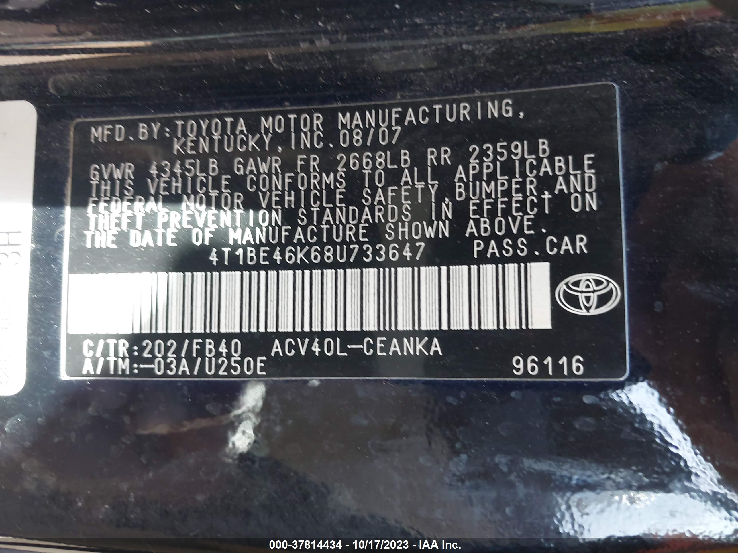 Photo 8 VIN: 4T1BE46K68U733647 - TOYOTA CAMRY 