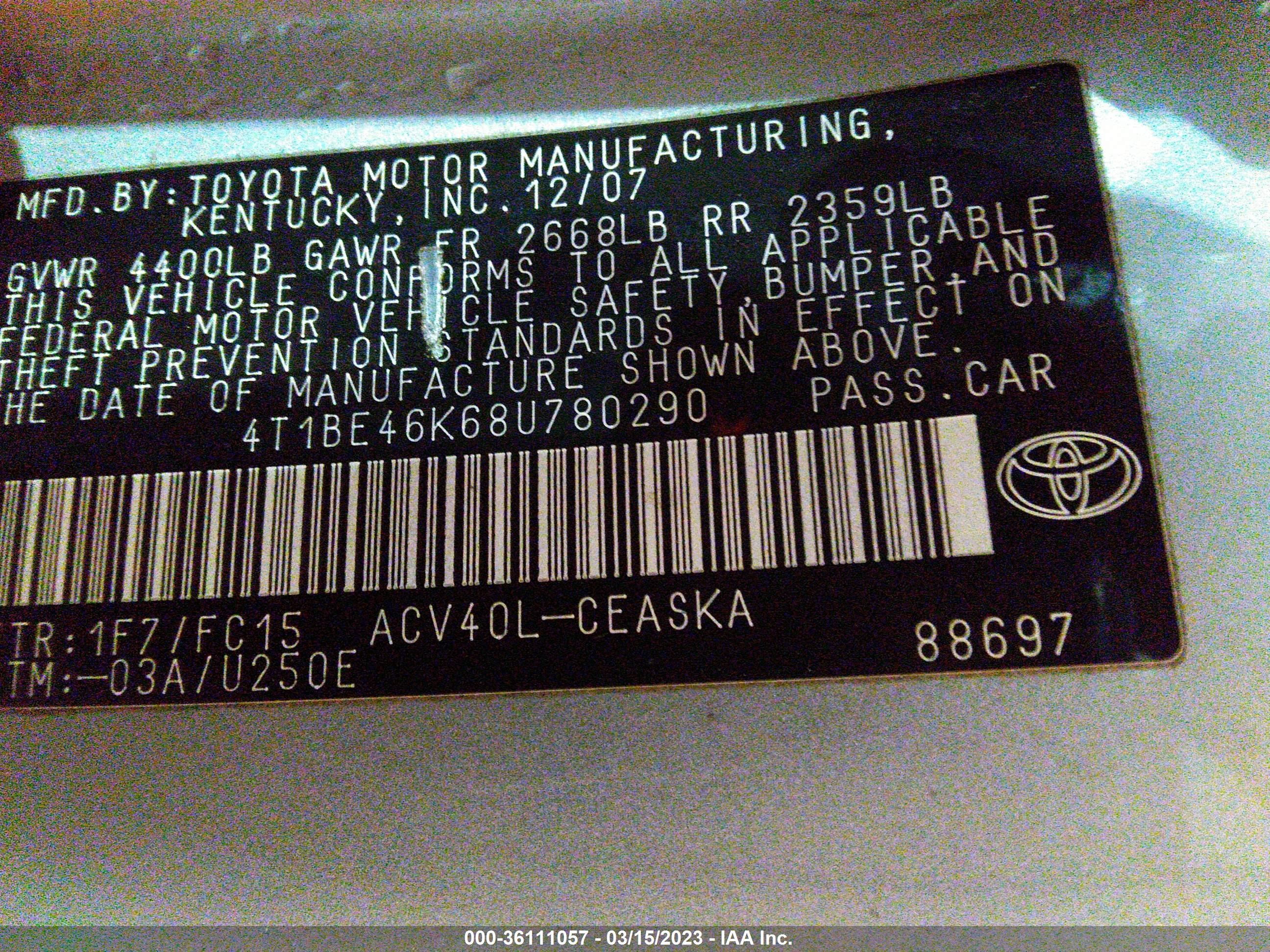 Photo 8 VIN: 4T1BE46K68U780290 - TOYOTA CAMRY 