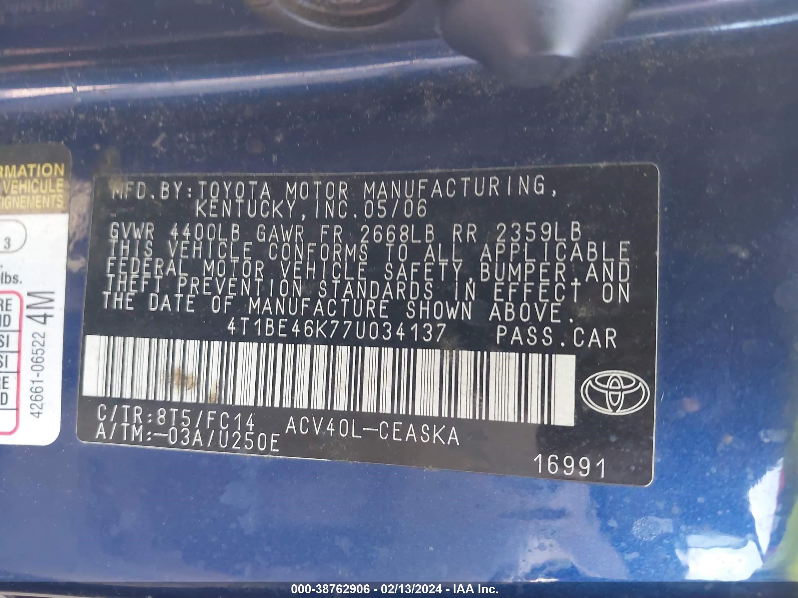 Photo 8 VIN: 4T1BE46K77U034137 - TOYOTA CAMRY 