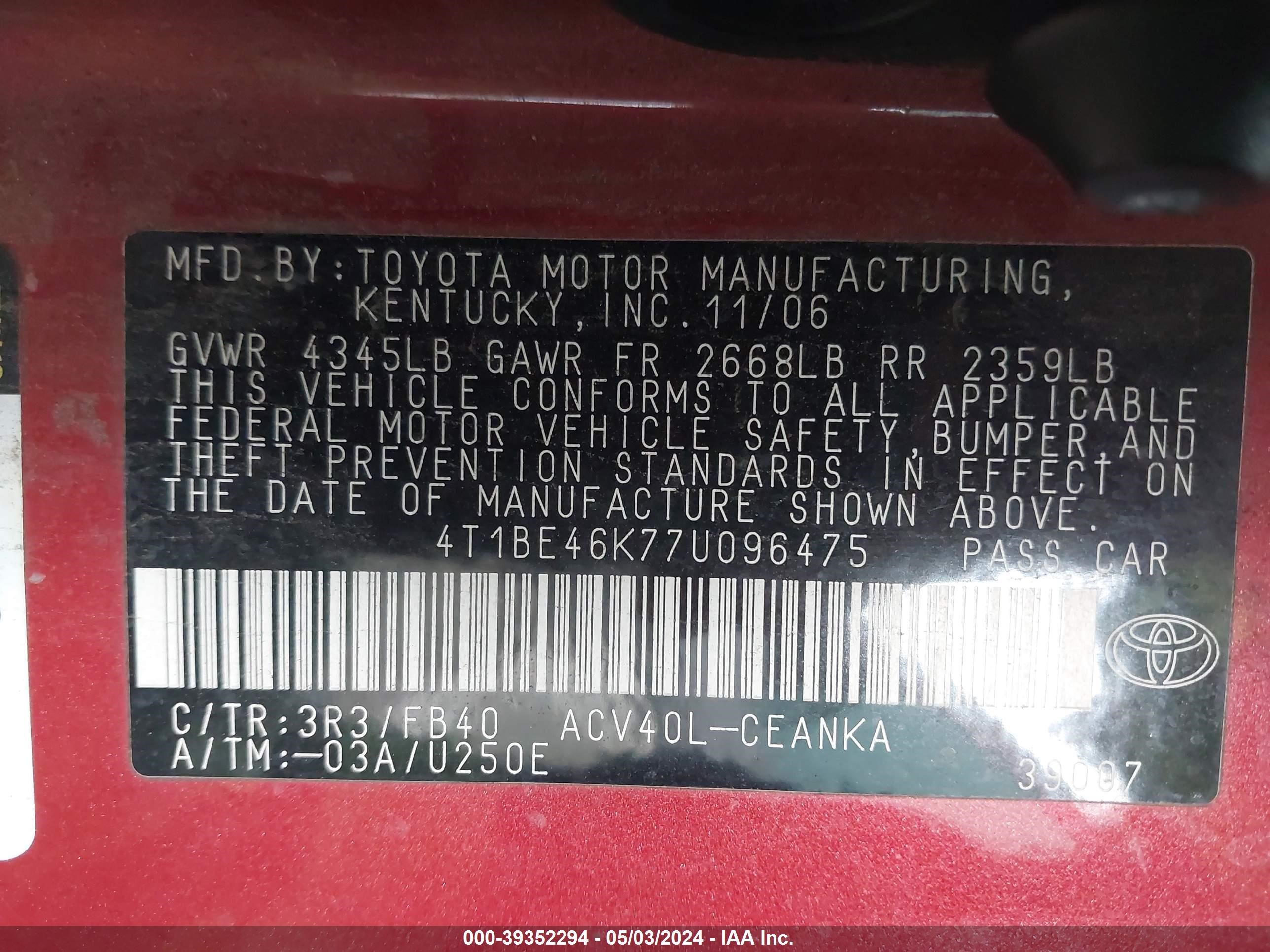 Photo 8 VIN: 4T1BE46K77U096475 - TOYOTA CAMRY 