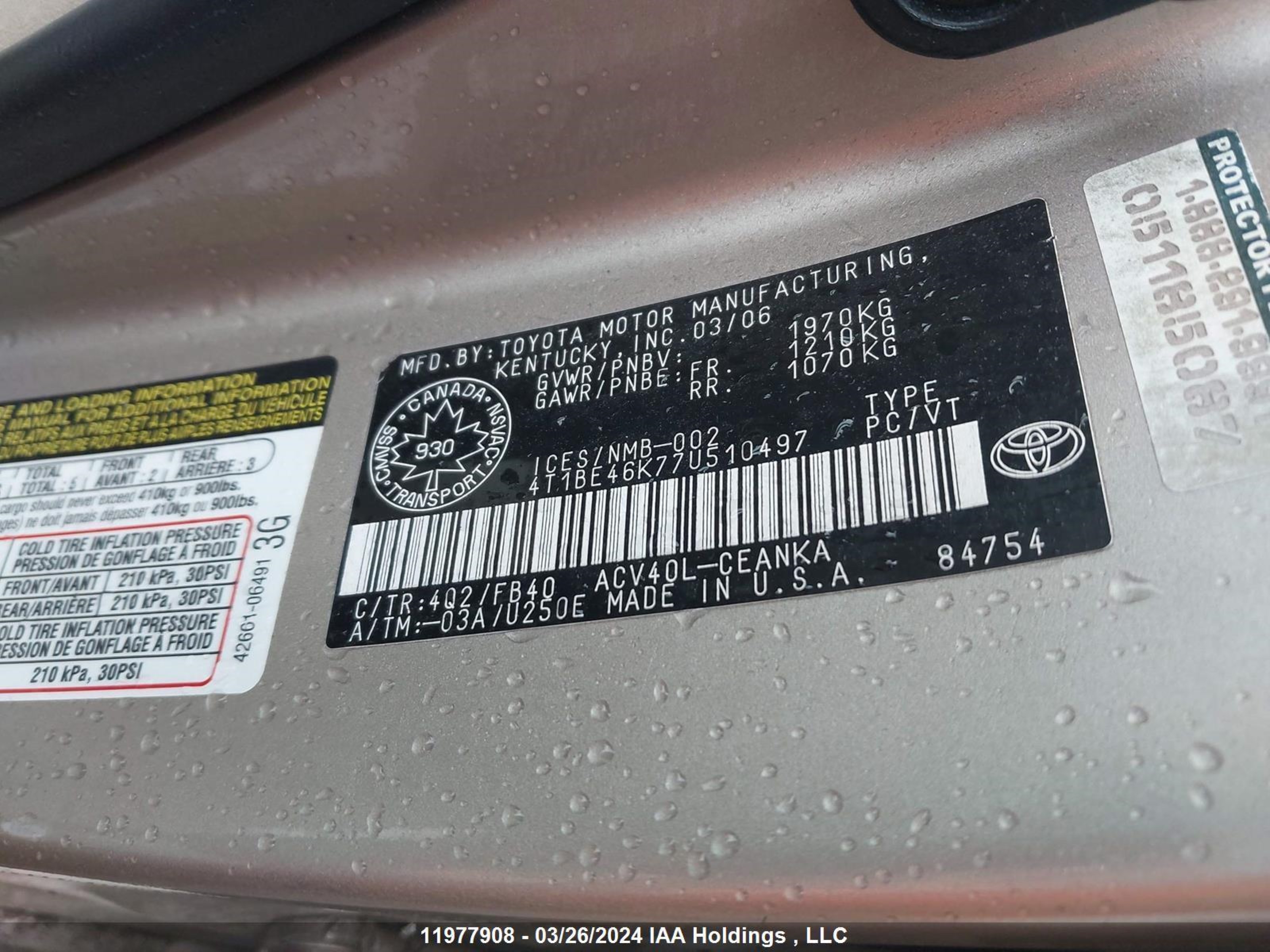 Photo 8 VIN: 4T1BE46K77U510497 - TOYOTA CAMRY 