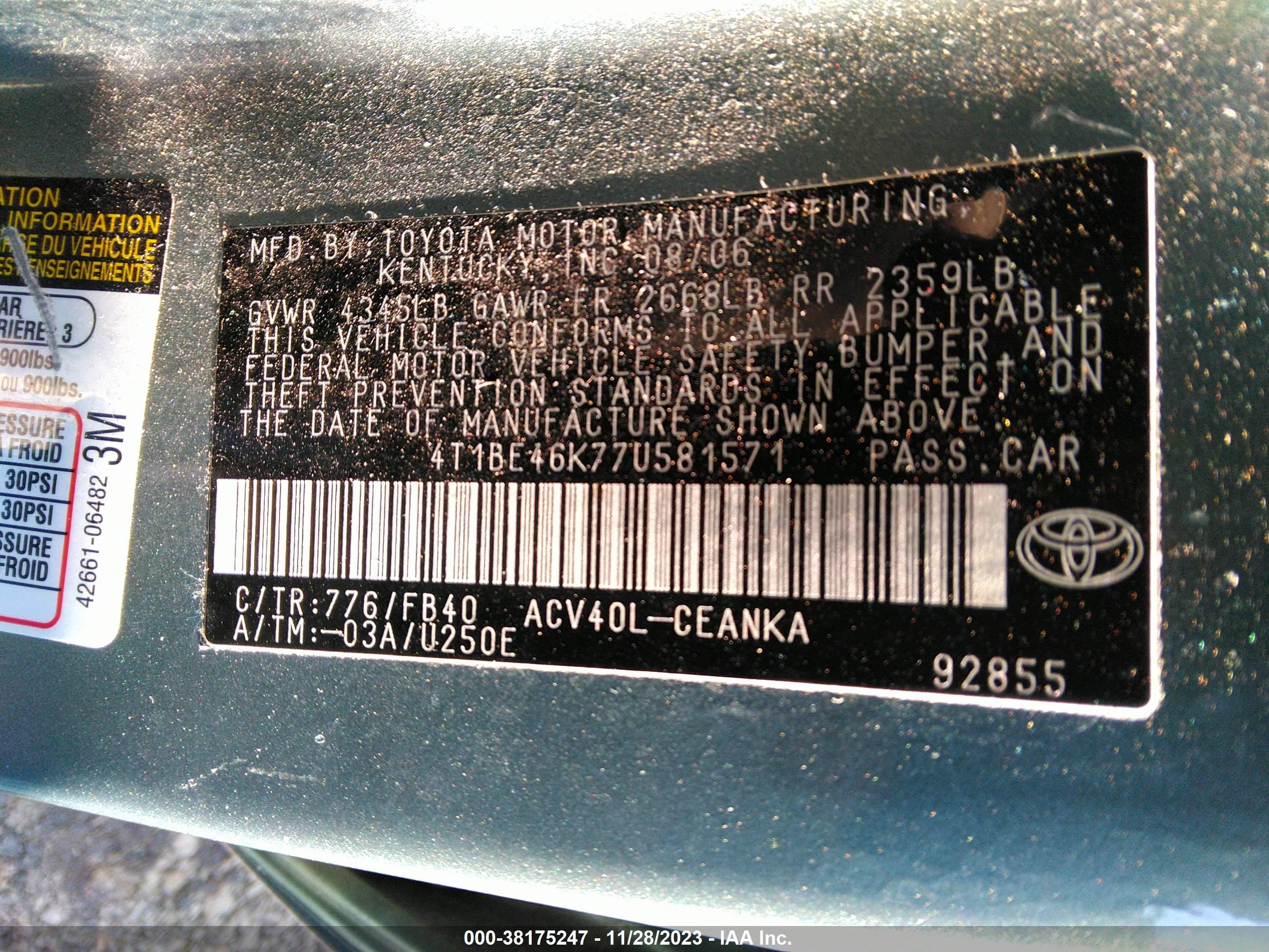 Photo 8 VIN: 4T1BE46K77U581571 - TOYOTA CAMRY 