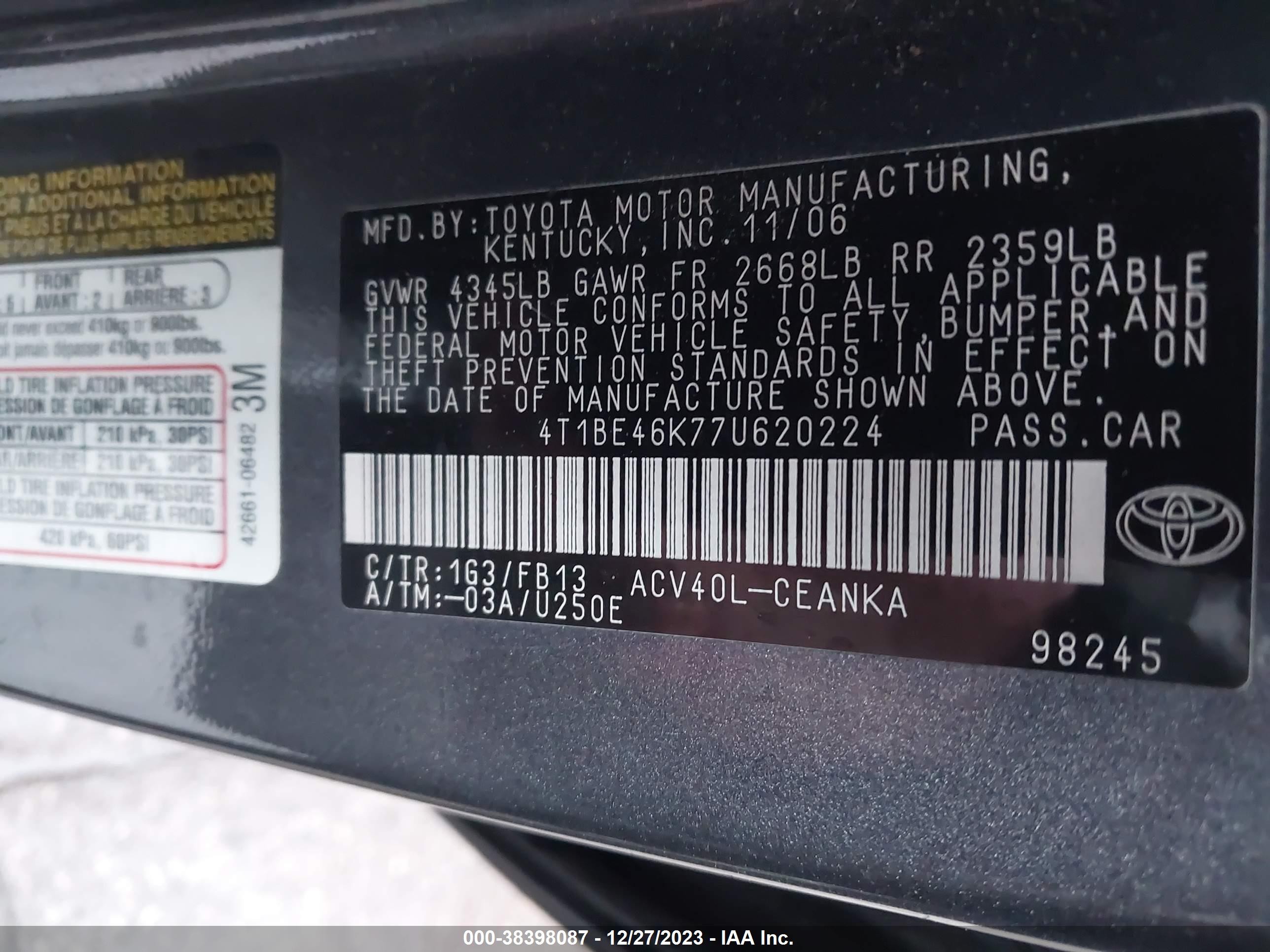 Photo 8 VIN: 4T1BE46K77U620224 - TOYOTA CAMRY 