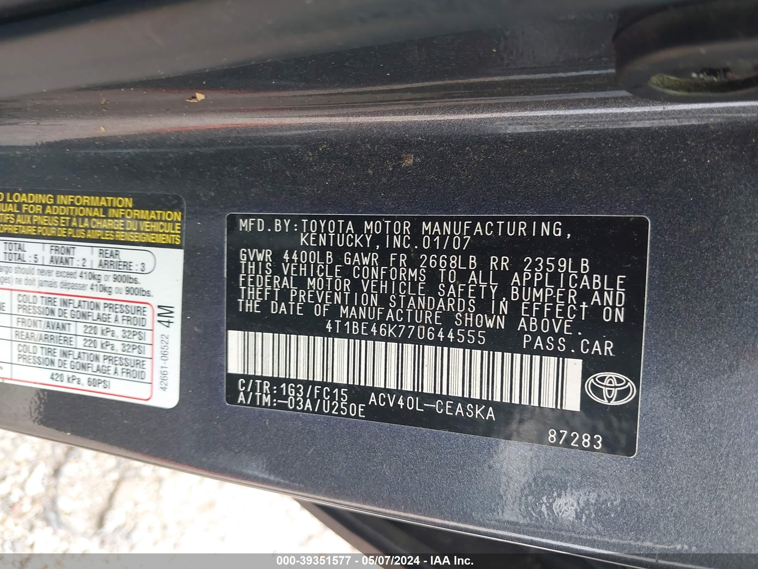 Photo 8 VIN: 4T1BE46K77U644555 - TOYOTA CAMRY 