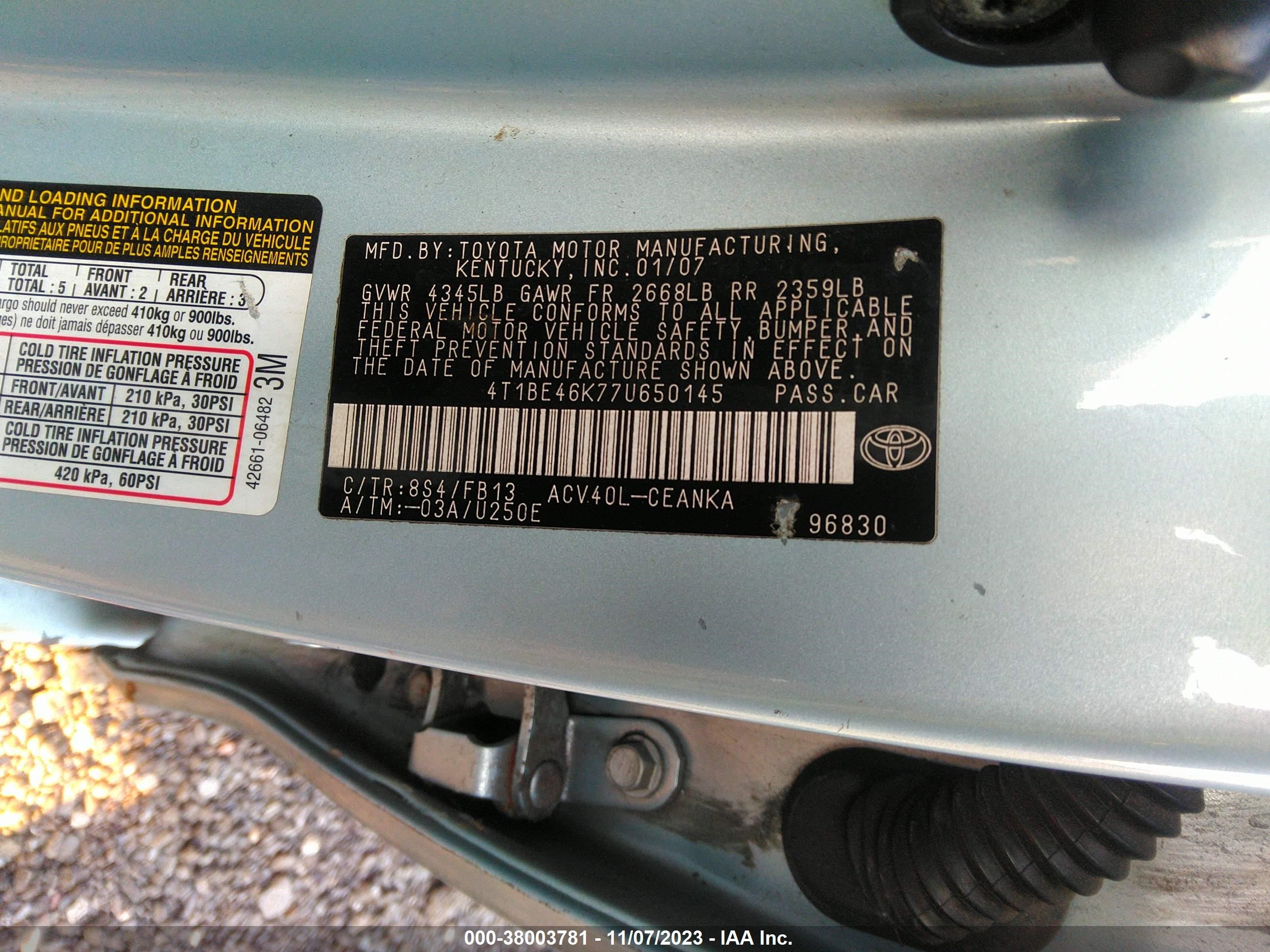 Photo 9 VIN: 4T1BE46K77U650145 - TOYOTA CAMRY 