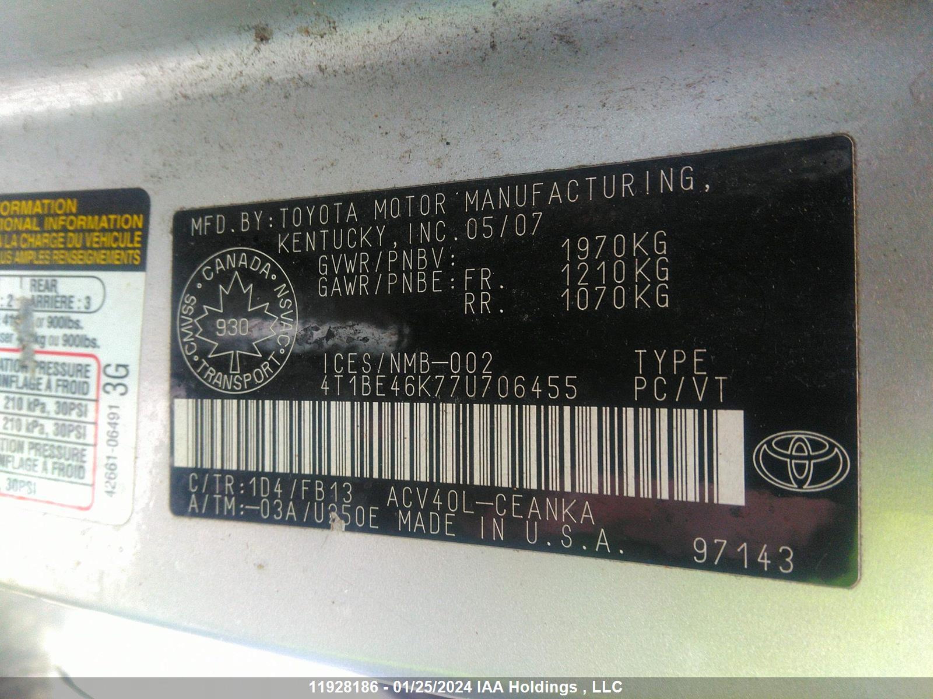 Photo 8 VIN: 4T1BE46K77U706455 - TOYOTA CAMRY 