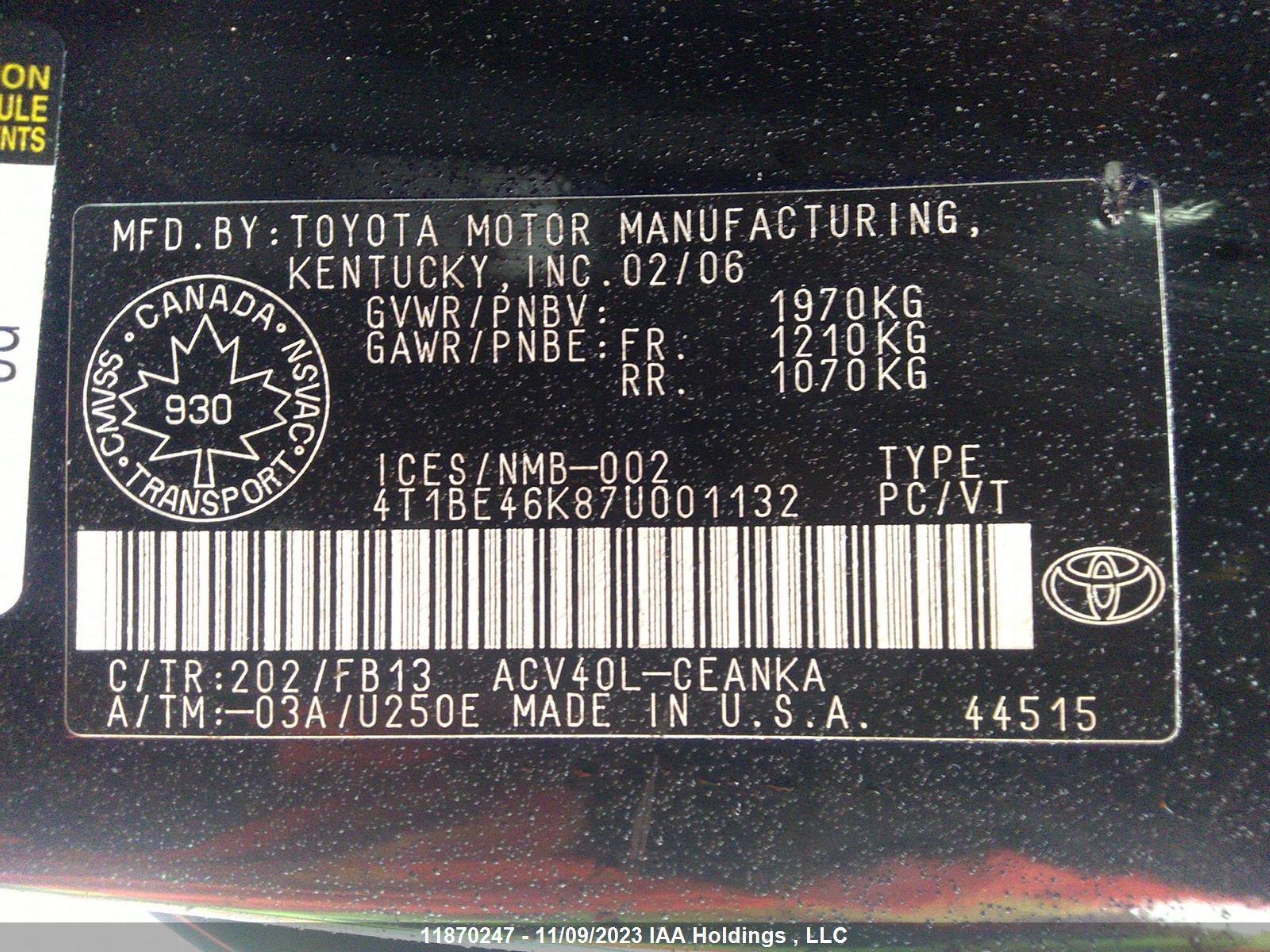 Photo 8 VIN: 4T1BE46K87U001132 - TOYOTA CAMRY 