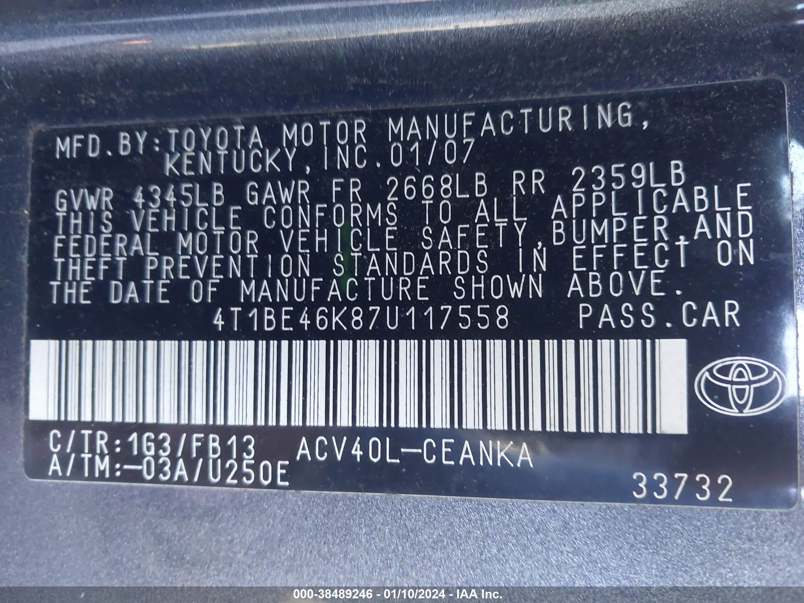 Photo 8 VIN: 4T1BE46K87U117558 - TOYOTA CAMRY 