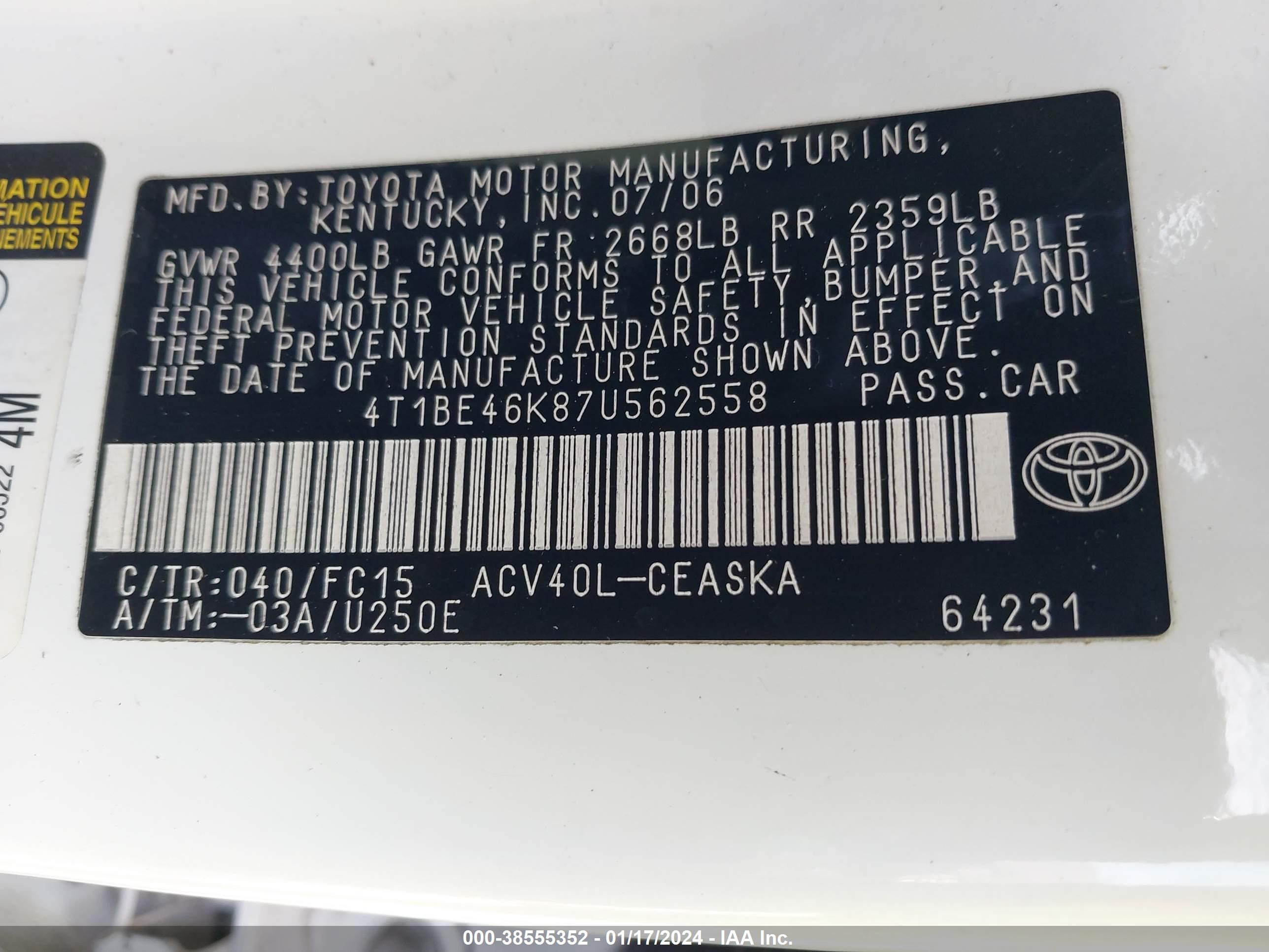 Photo 8 VIN: 4T1BE46K87U562558 - TOYOTA CAMRY 