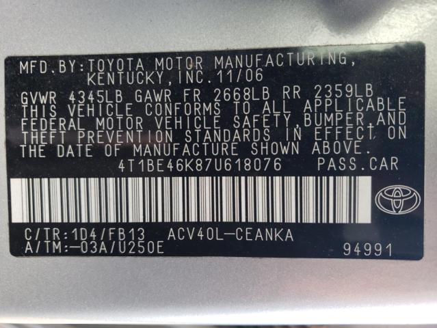 Photo 11 VIN: 4T1BE46K87U618076 - TOYOTA CAMRY 