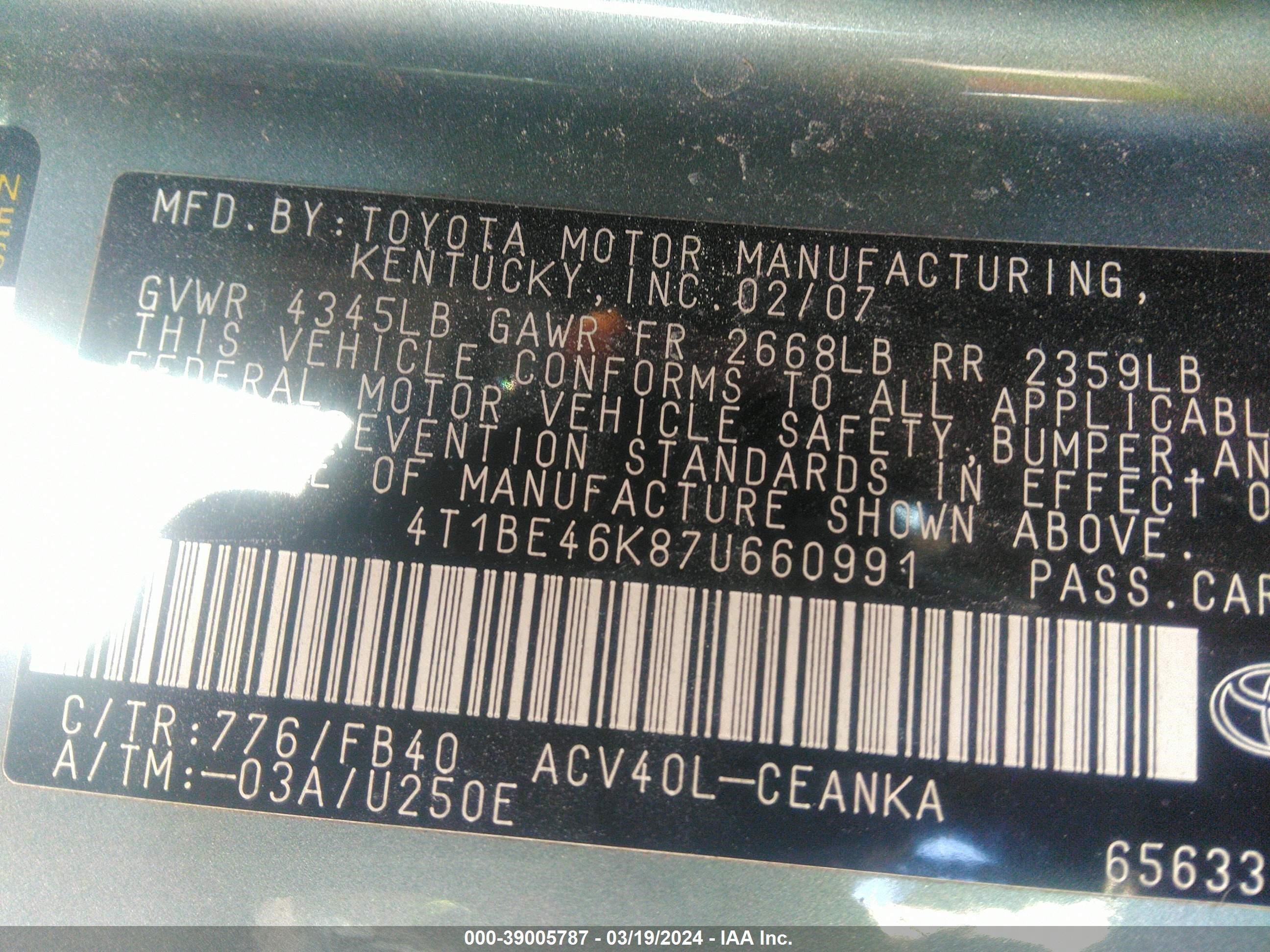 Photo 8 VIN: 4T1BE46K87U660991 - TOYOTA CAMRY 