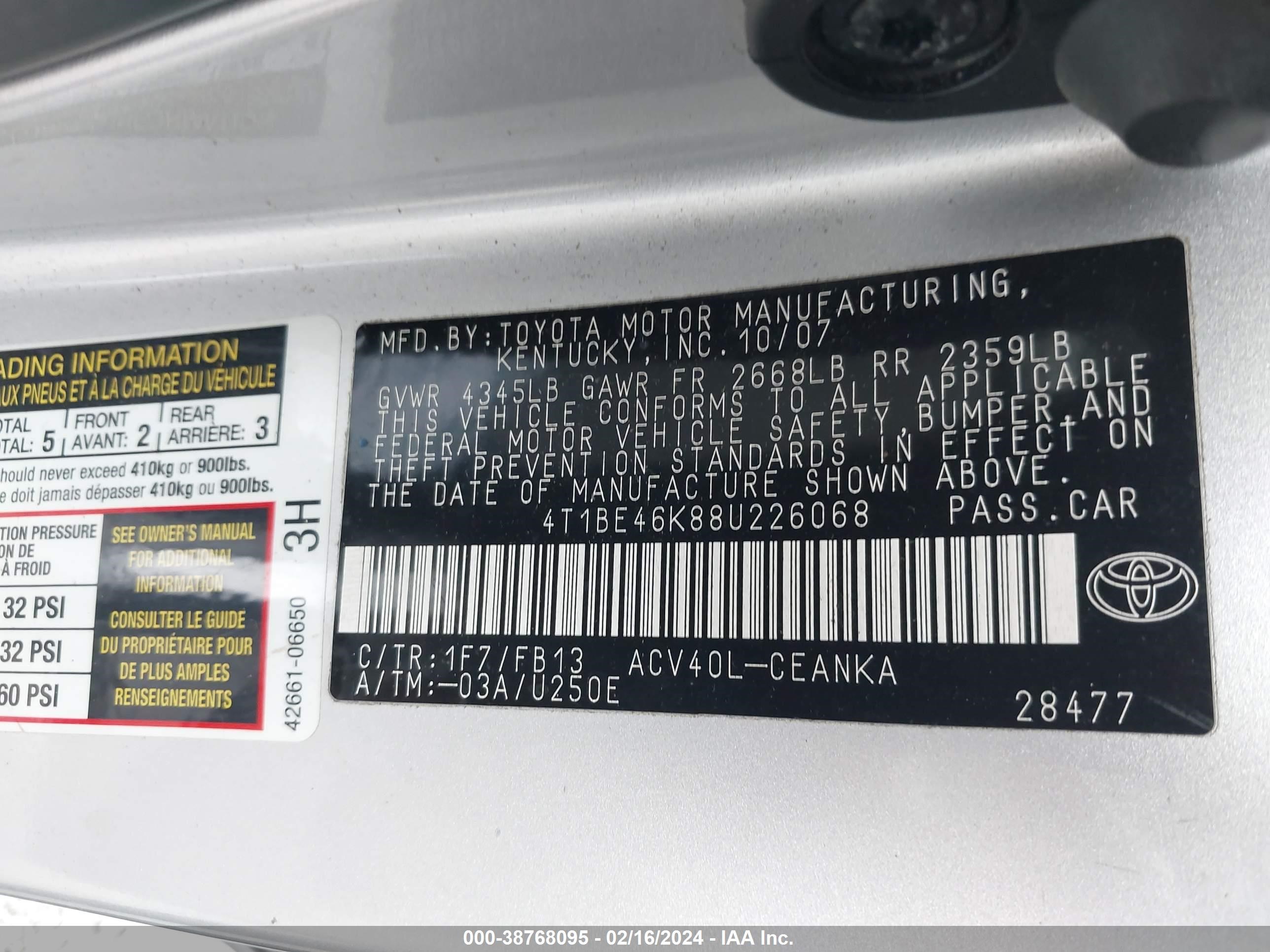 Photo 8 VIN: 4T1BE46K88U226068 - TOYOTA CAMRY 