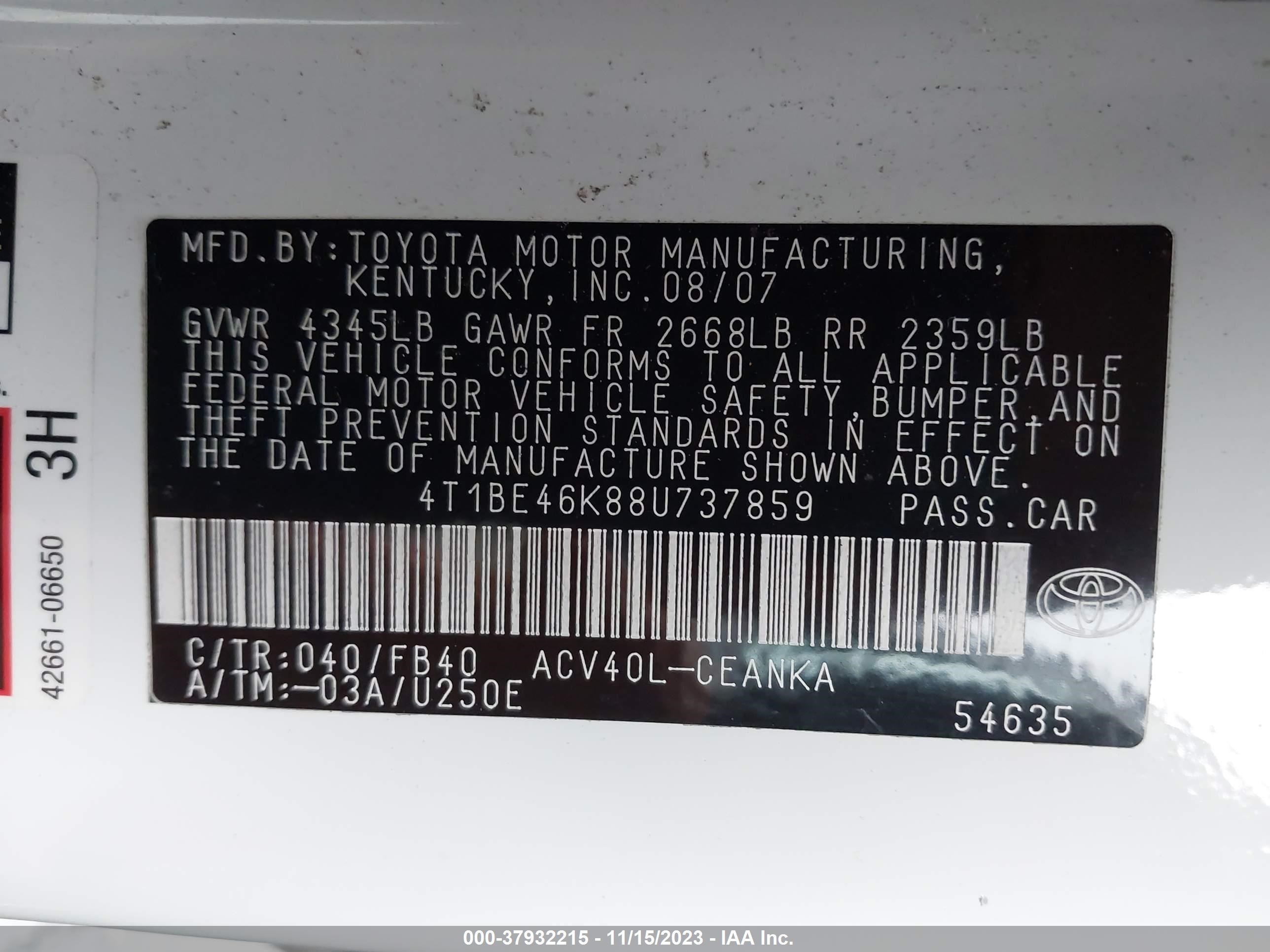 Photo 8 VIN: 4T1BE46K88U737859 - TOYOTA CAMRY 