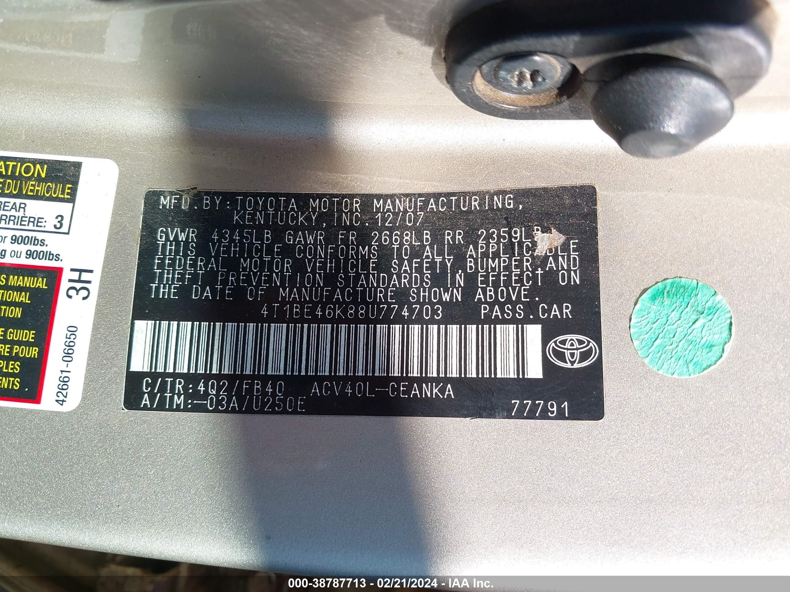 Photo 8 VIN: 4T1BE46K88U774703 - TOYOTA CAMRY 