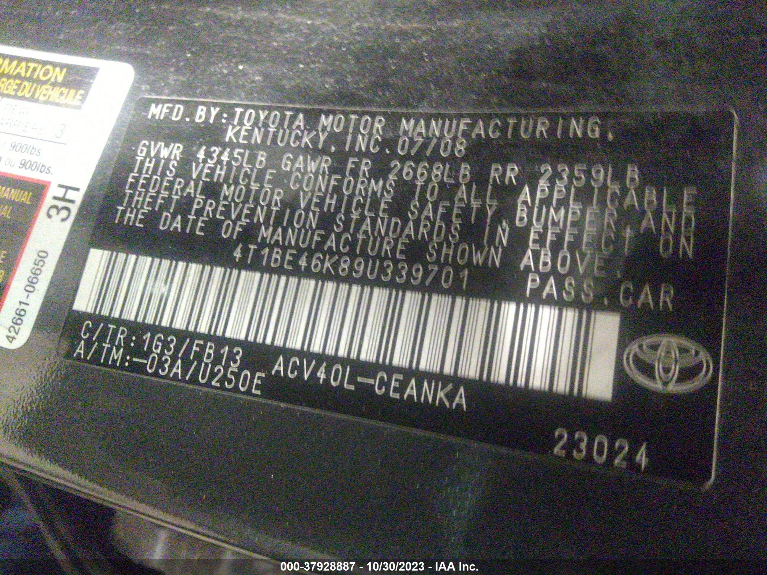 Photo 8 VIN: 4T1BE46K89U339701 - TOYOTA CAMRY 