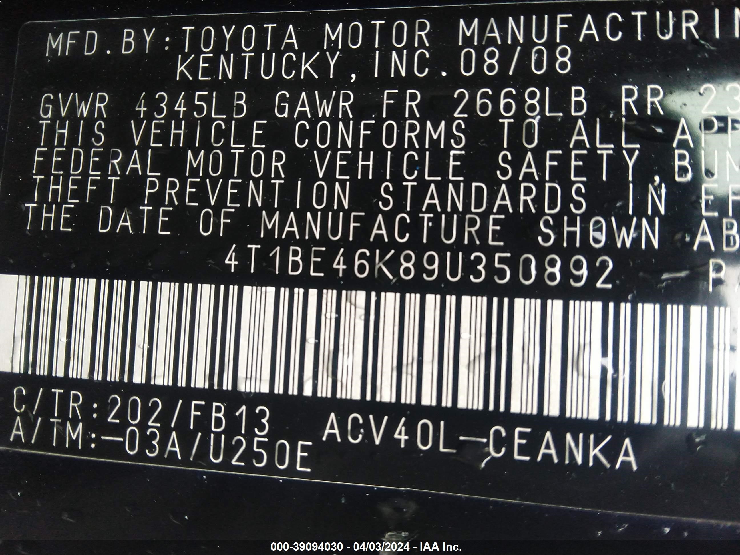 Photo 8 VIN: 4T1BE46K89U350892 - TOYOTA CAMRY 