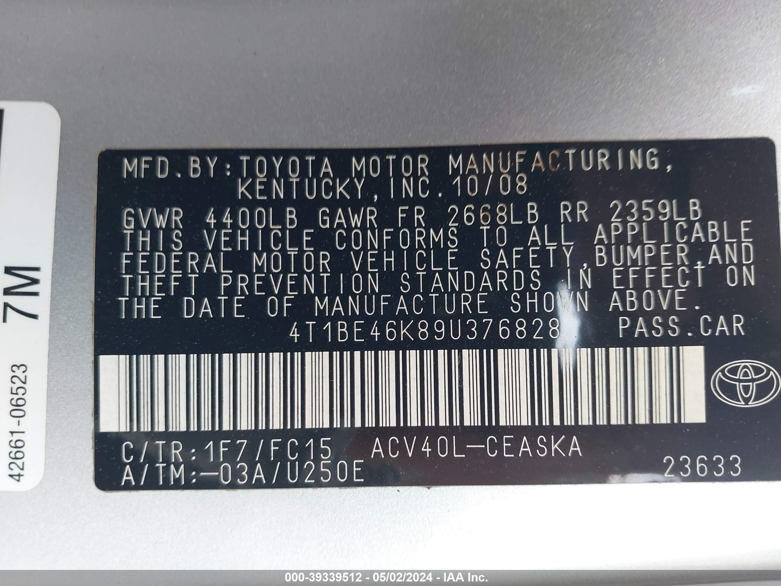 Photo 8 VIN: 4T1BE46K89U376828 - TOYOTA CAMRY 