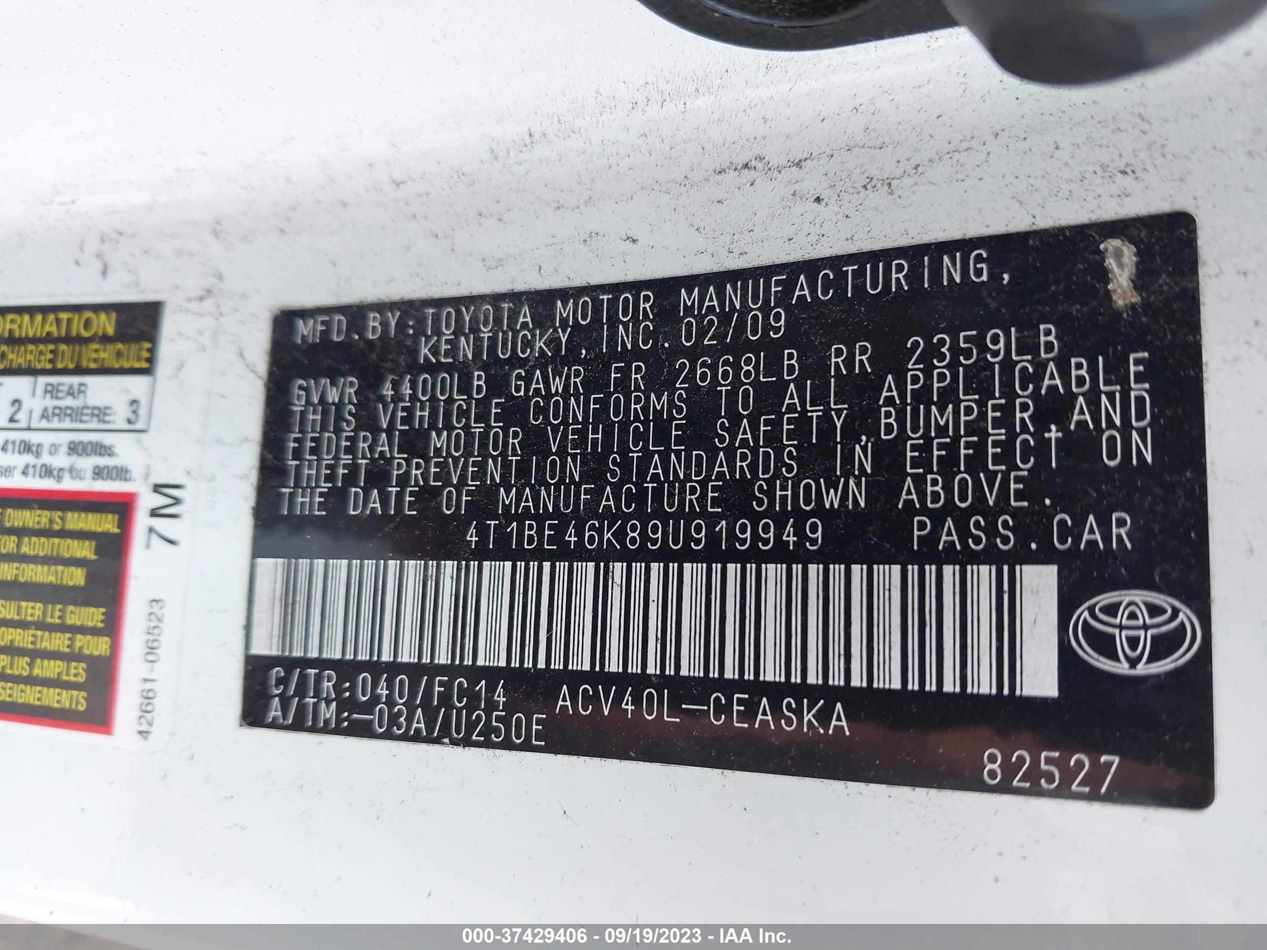 Photo 8 VIN: 4T1BE46K89U919949 - TOYOTA CAMRY 