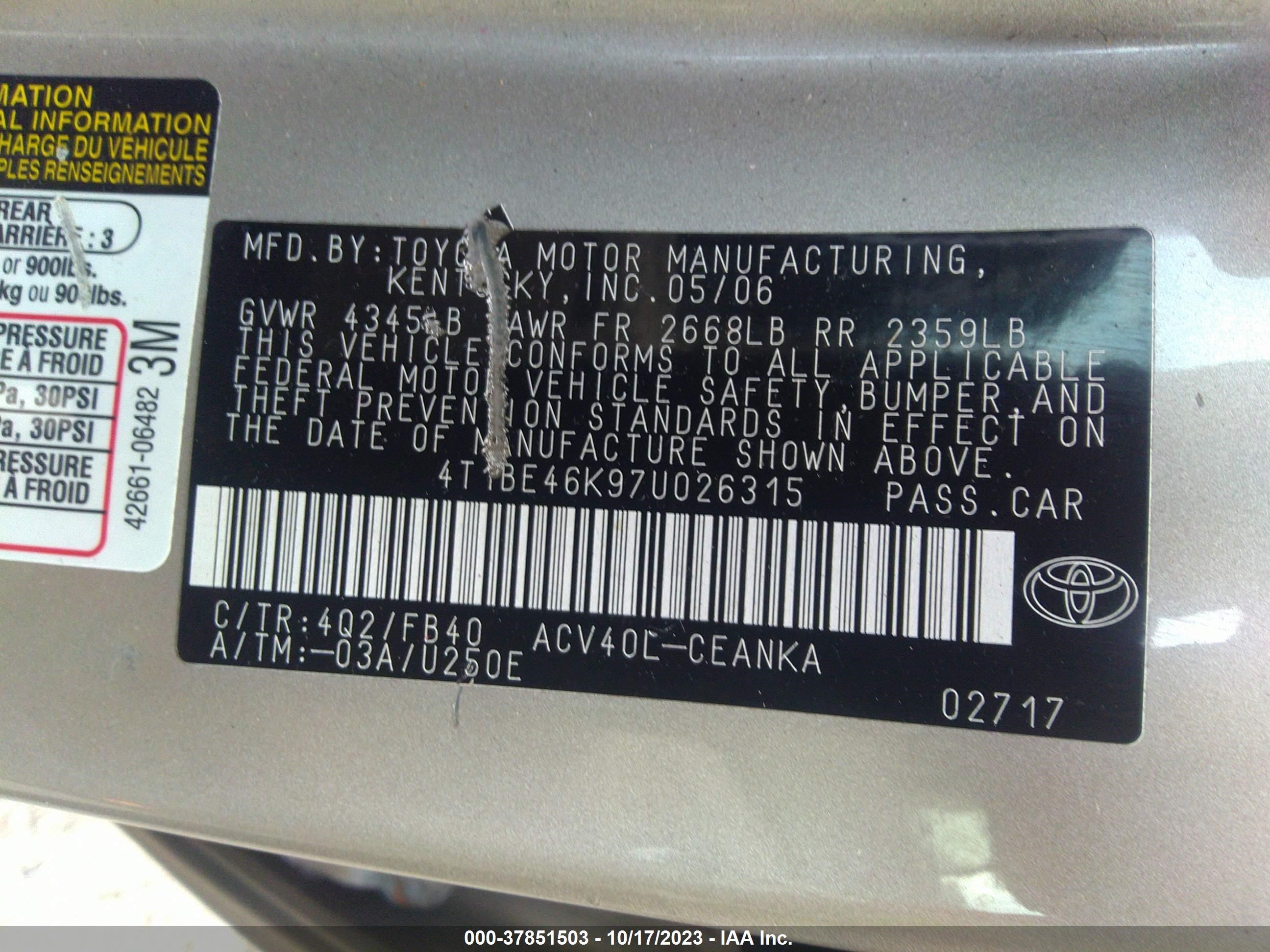 Photo 8 VIN: 4T1BE46K97U026315 - TOYOTA CAMRY 