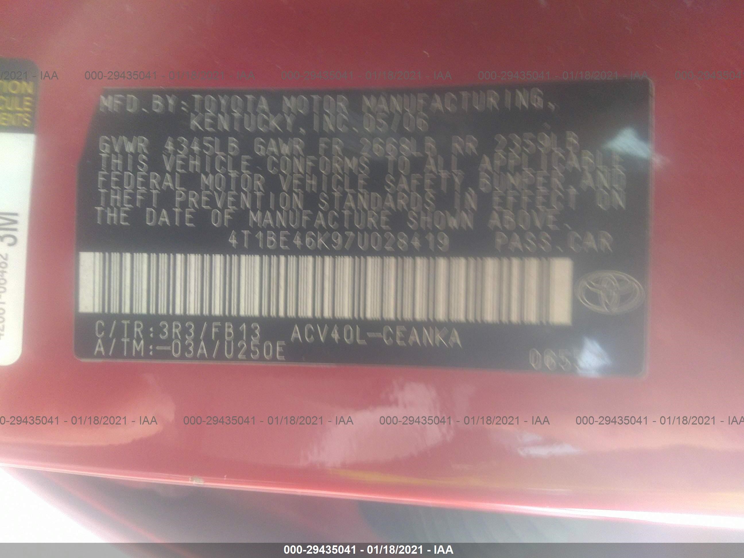 Photo 8 VIN: 4T1BE46K97U028419 - TOYOTA CAMRY 