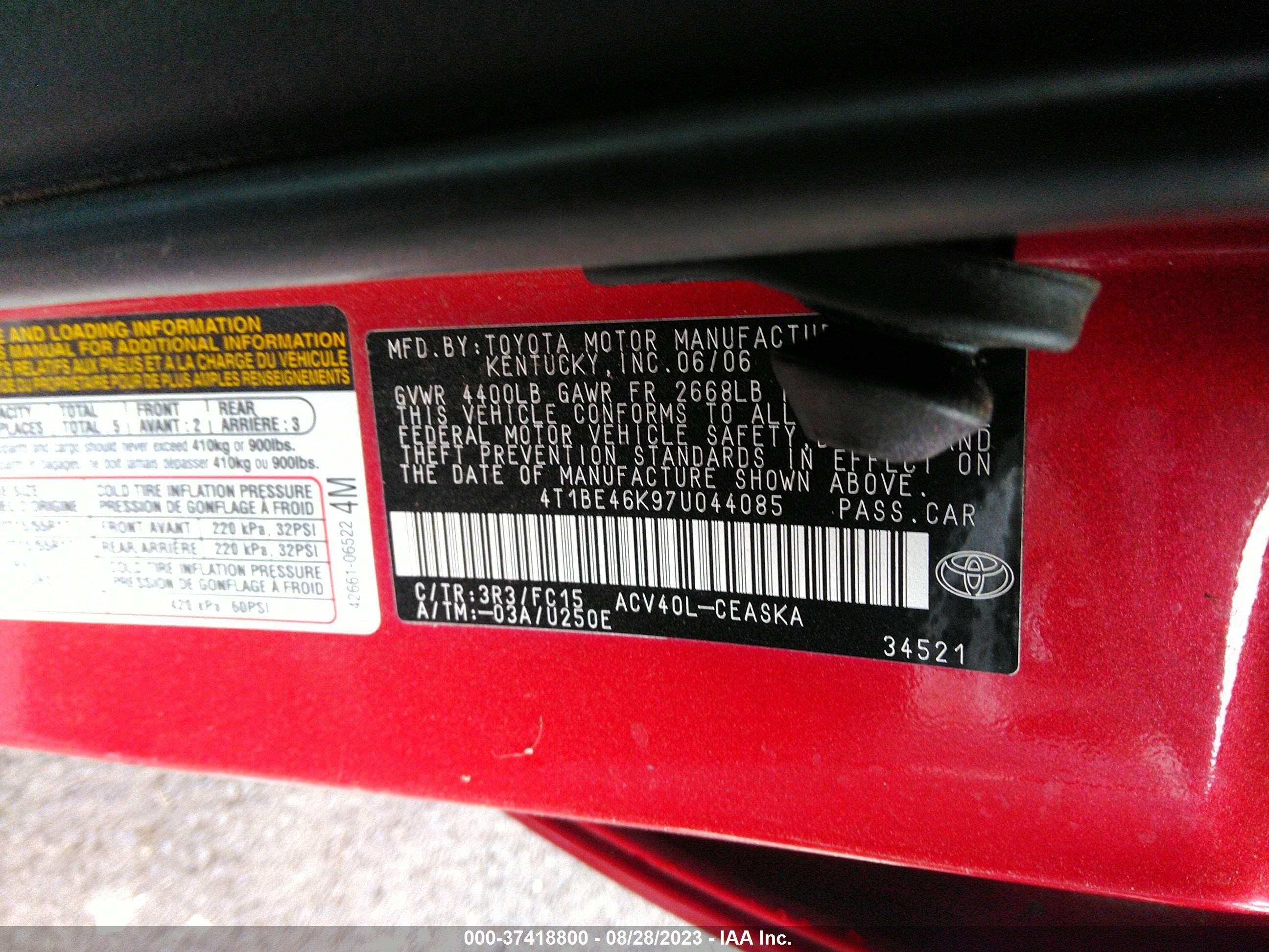 Photo 8 VIN: 4T1BE46K97U044085 - TOYOTA CAMRY 