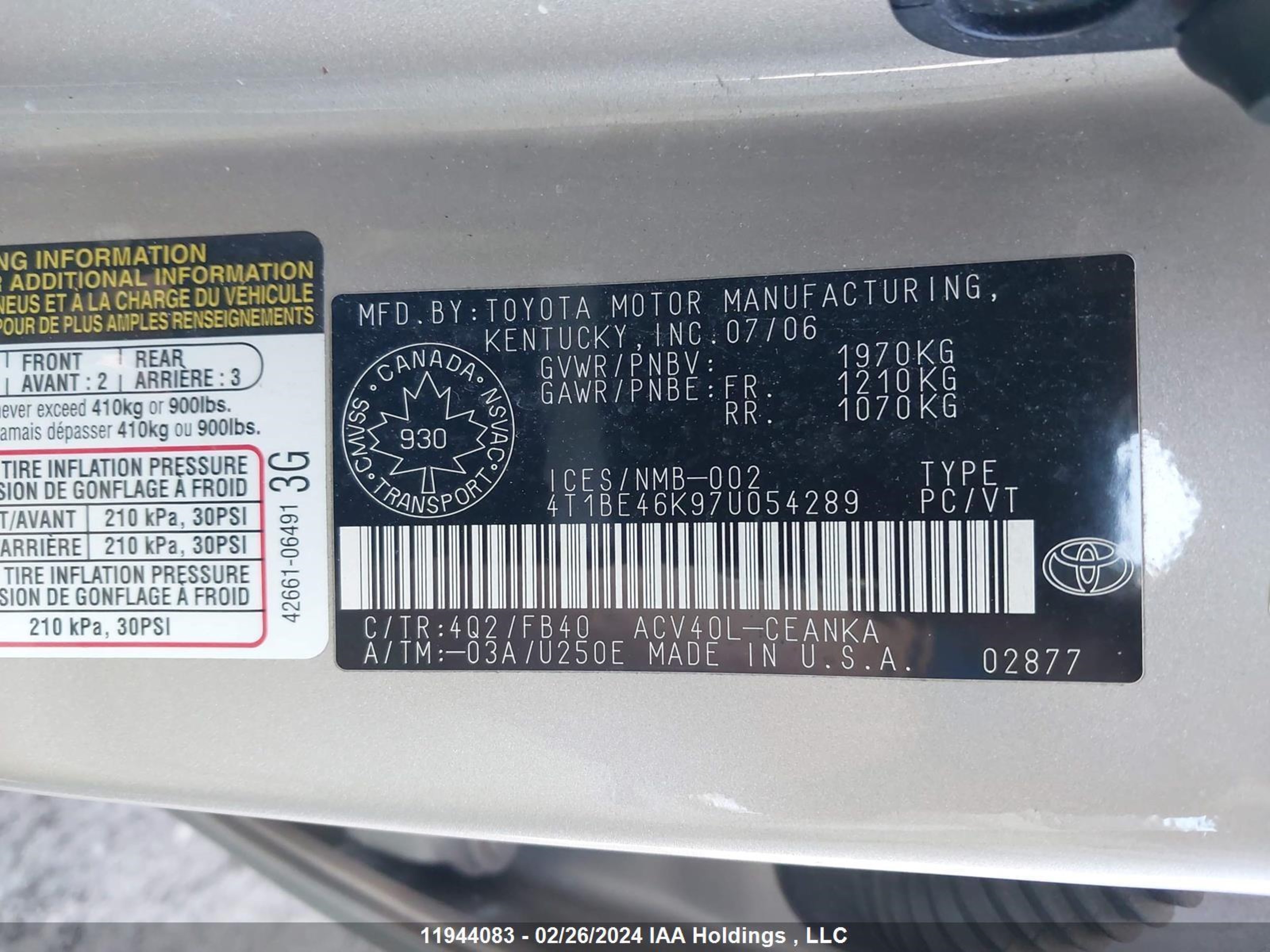 Photo 8 VIN: 4T1BE46K97U054289 - TOYOTA CAMRY 