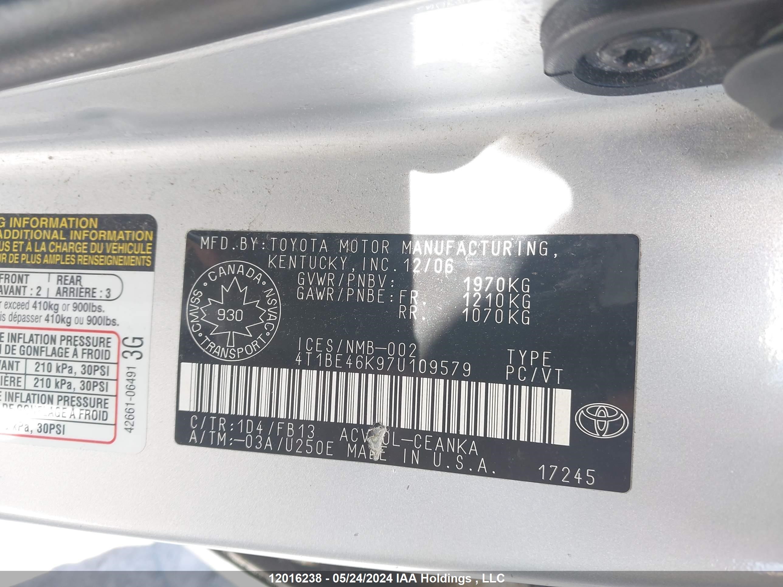 Photo 8 VIN: 4T1BE46K97U109579 - TOYOTA CAMRY 