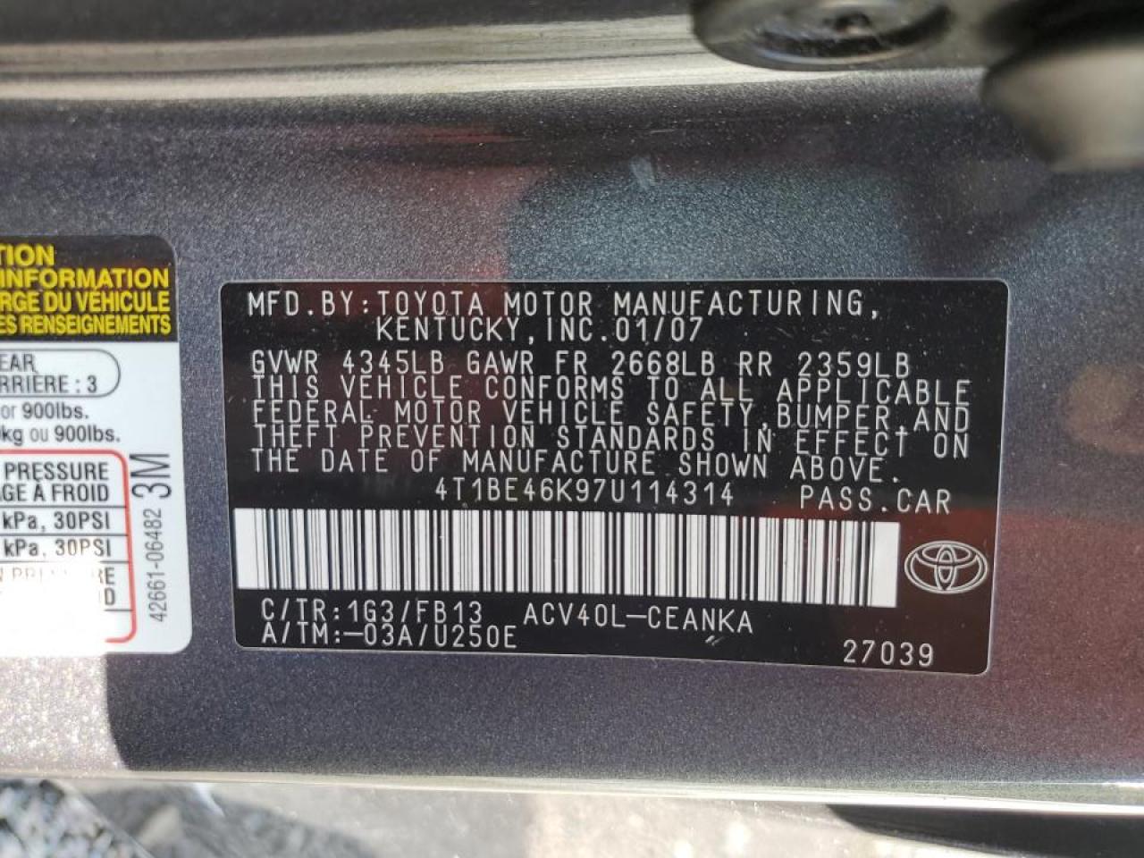 Photo 12 VIN: 4T1BE46K97U114314 - TOYOTA CAMRY 