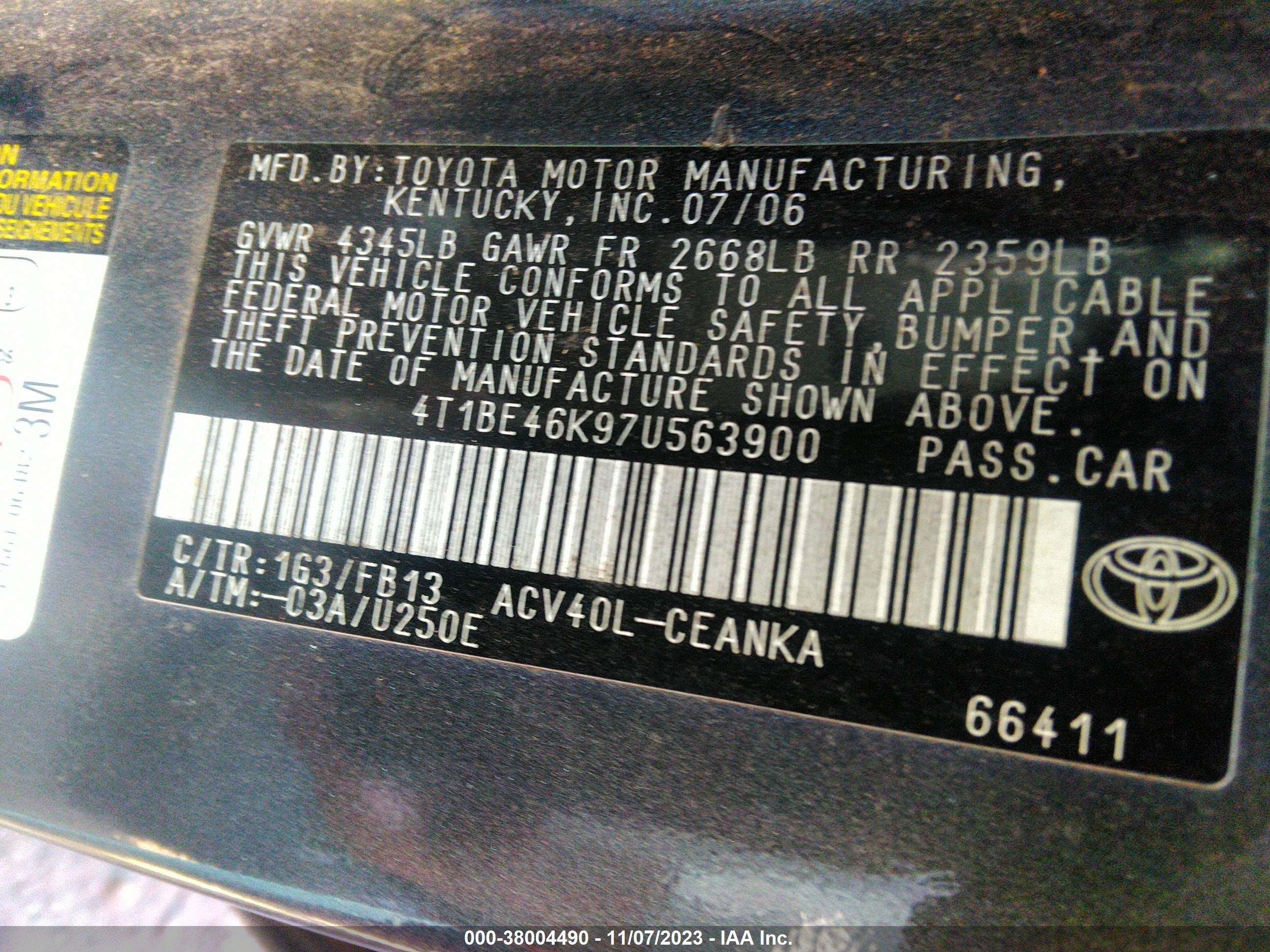 Photo 8 VIN: 4T1BE46K97U563900 - TOYOTA CAMRY 