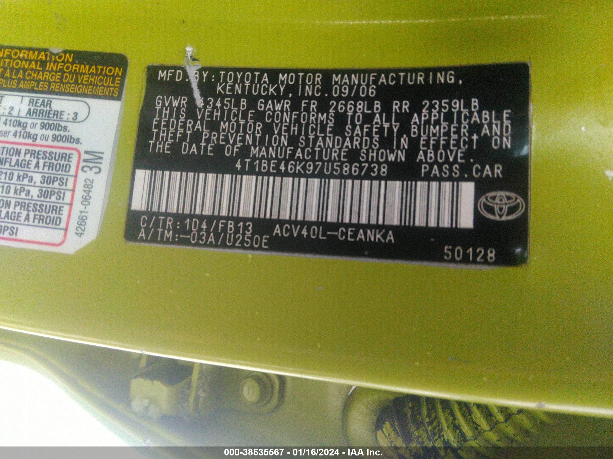 Photo 8 VIN: 4T1BE46K97U586738 - TOYOTA CAMRY 