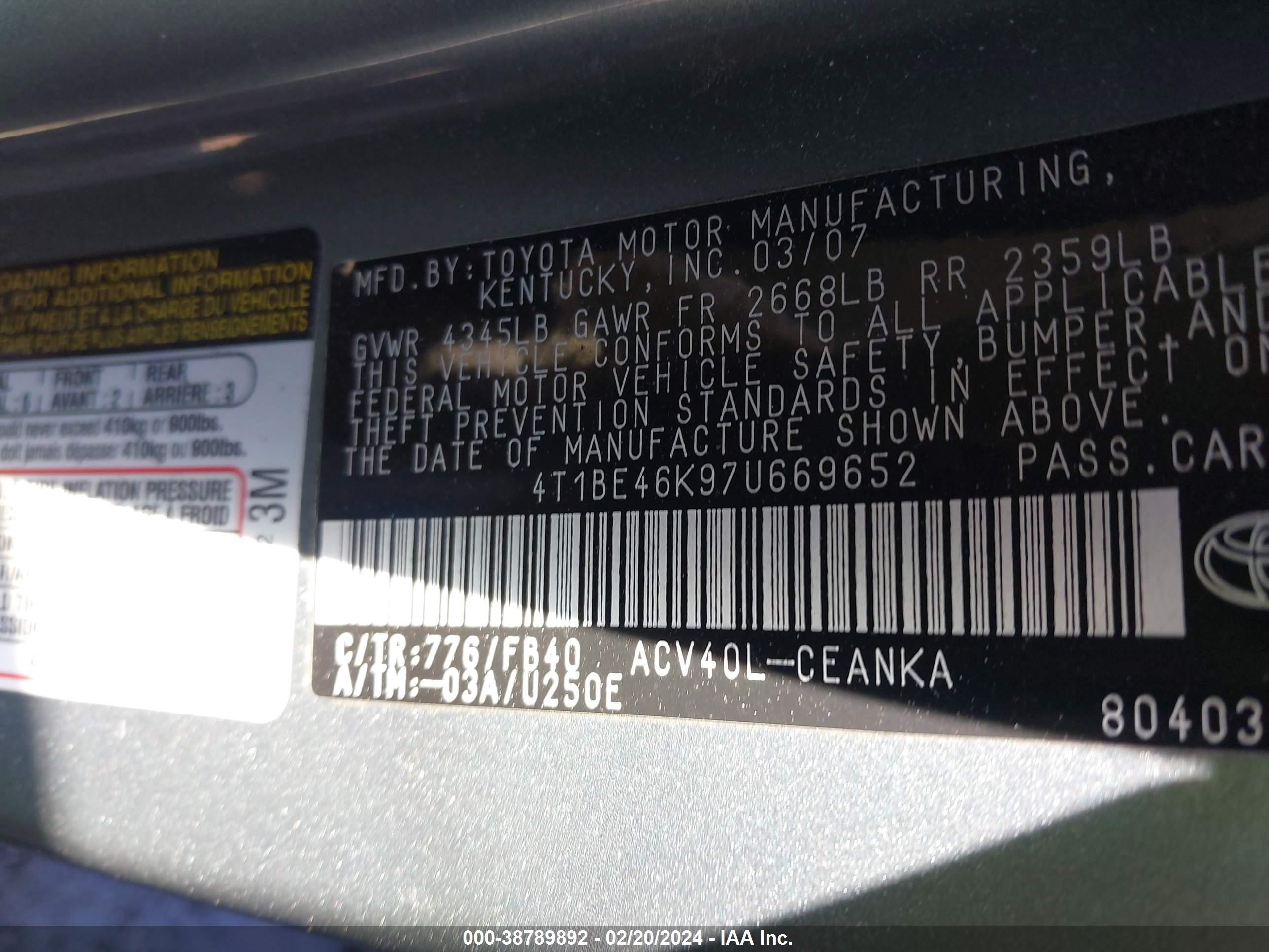 Photo 8 VIN: 4T1BE46K97U669652 - TOYOTA CAMRY 