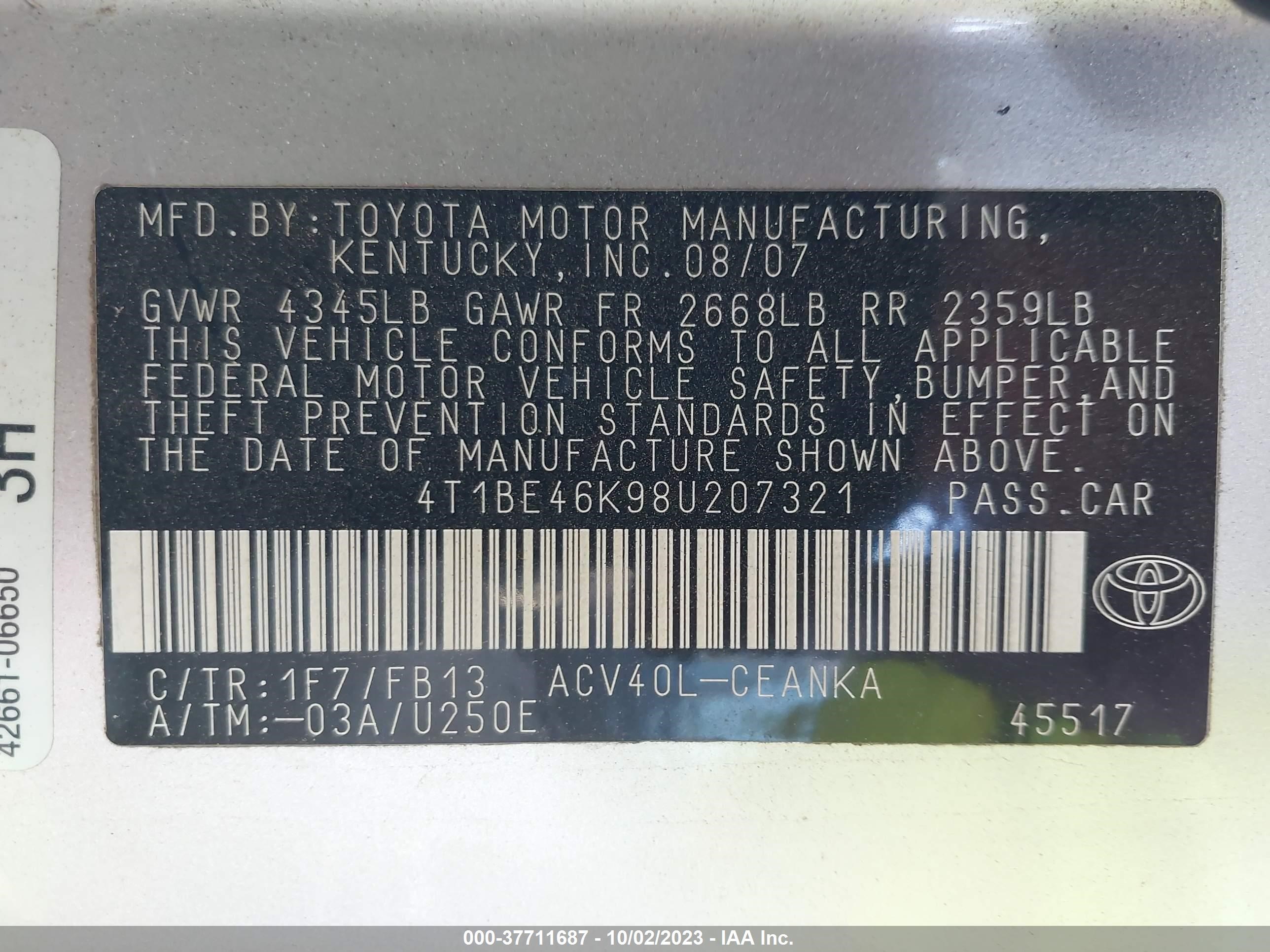 Photo 8 VIN: 4T1BE46K98U207321 - TOYOTA CAMRY 