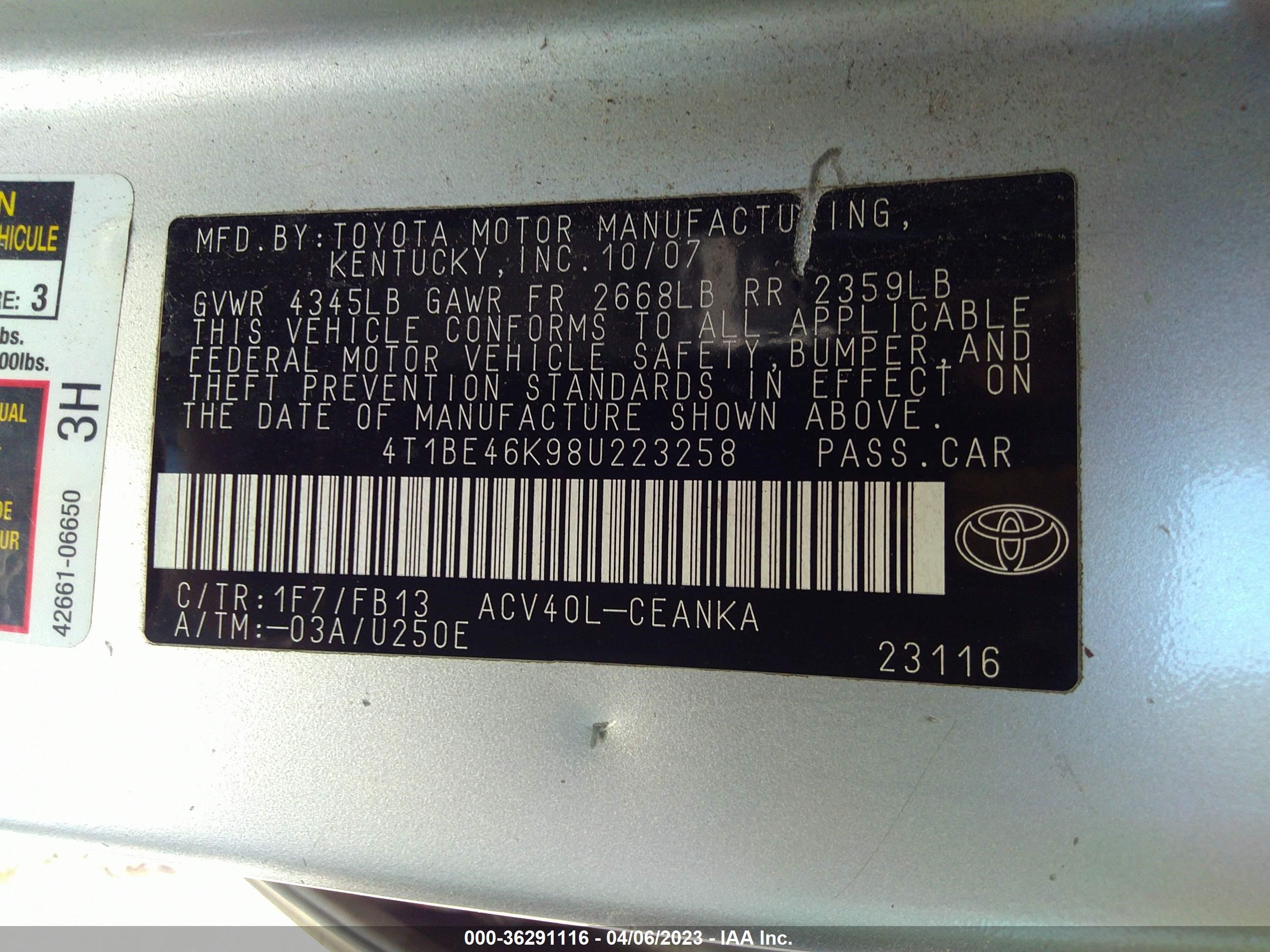 Photo 9 VIN: 4T1BE46K98U223258 - TOYOTA CAMRY 