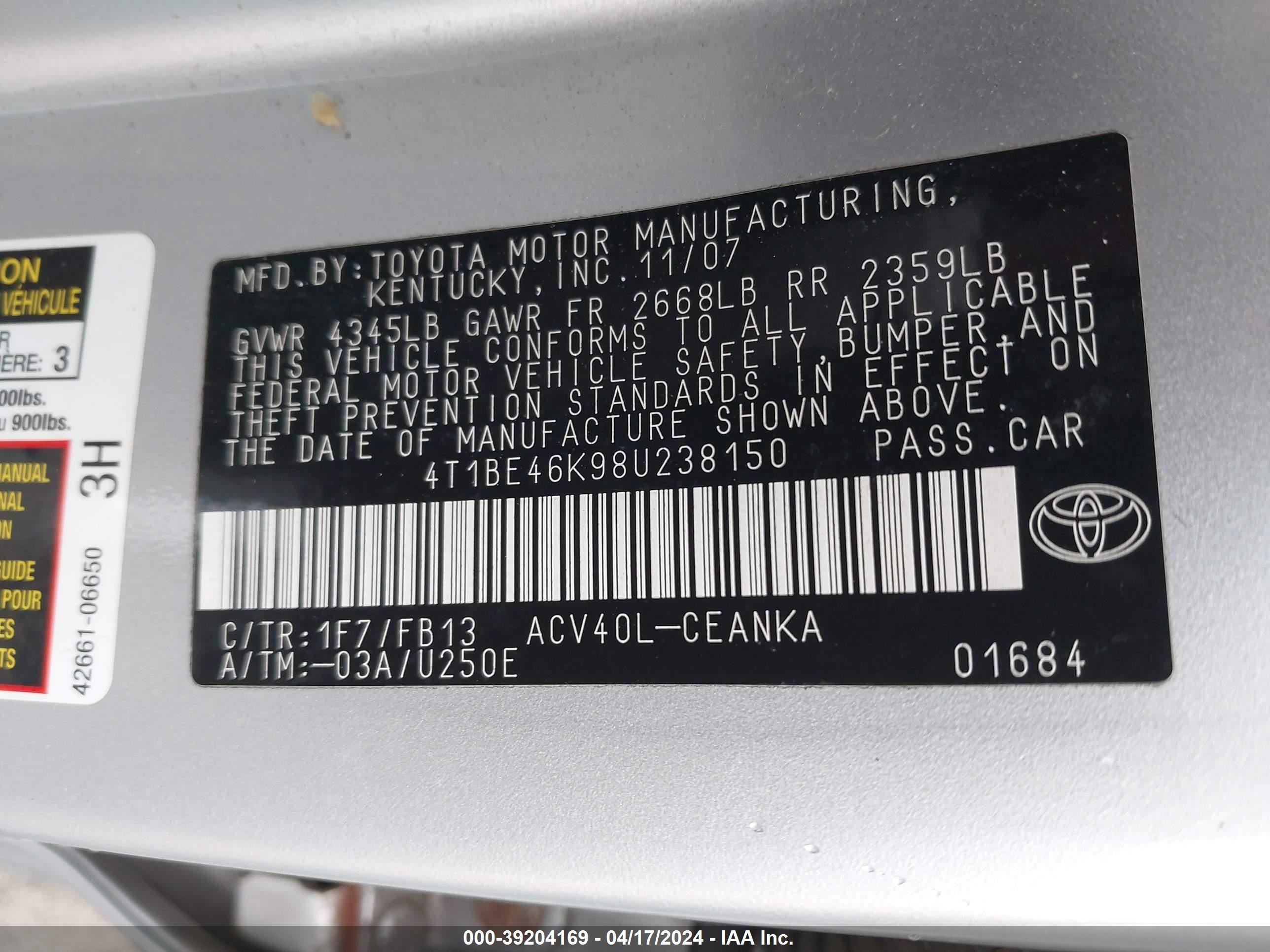 Photo 8 VIN: 4T1BE46K98U238150 - TOYOTA CAMRY 