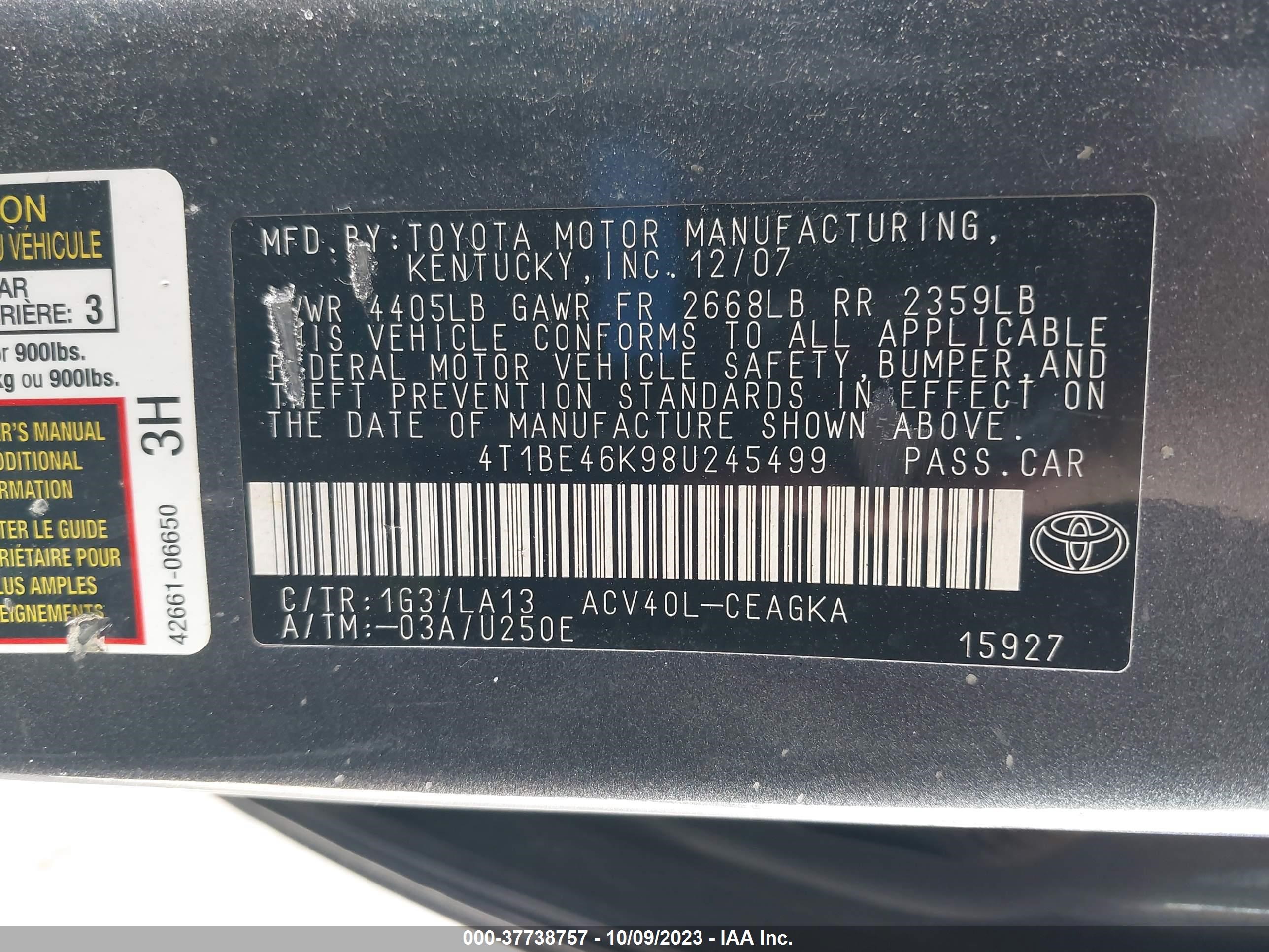 Photo 8 VIN: 4T1BE46K98U245499 - TOYOTA CAMRY 