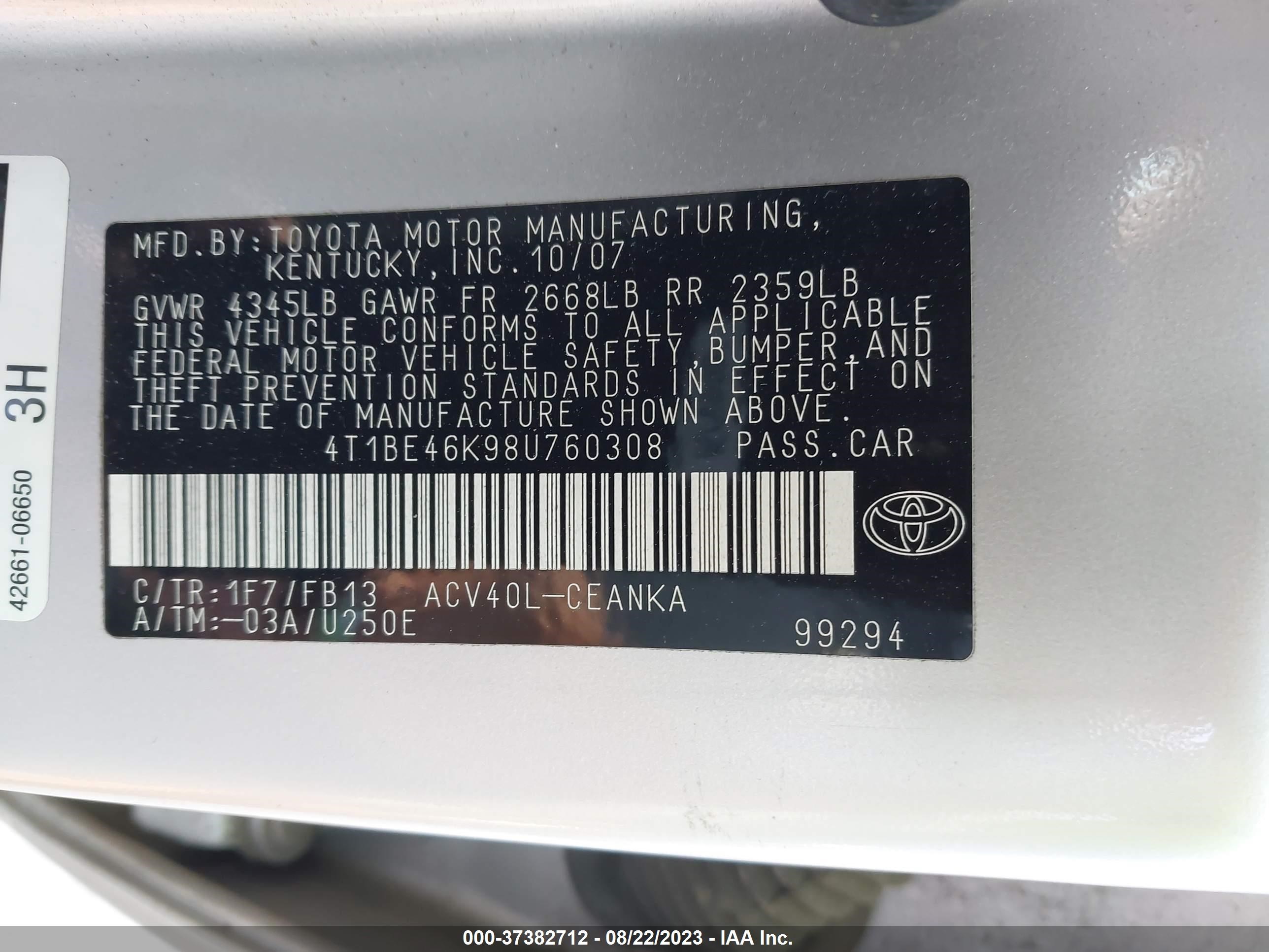 Photo 8 VIN: 4T1BE46K98U760308 - TOYOTA CAMRY 