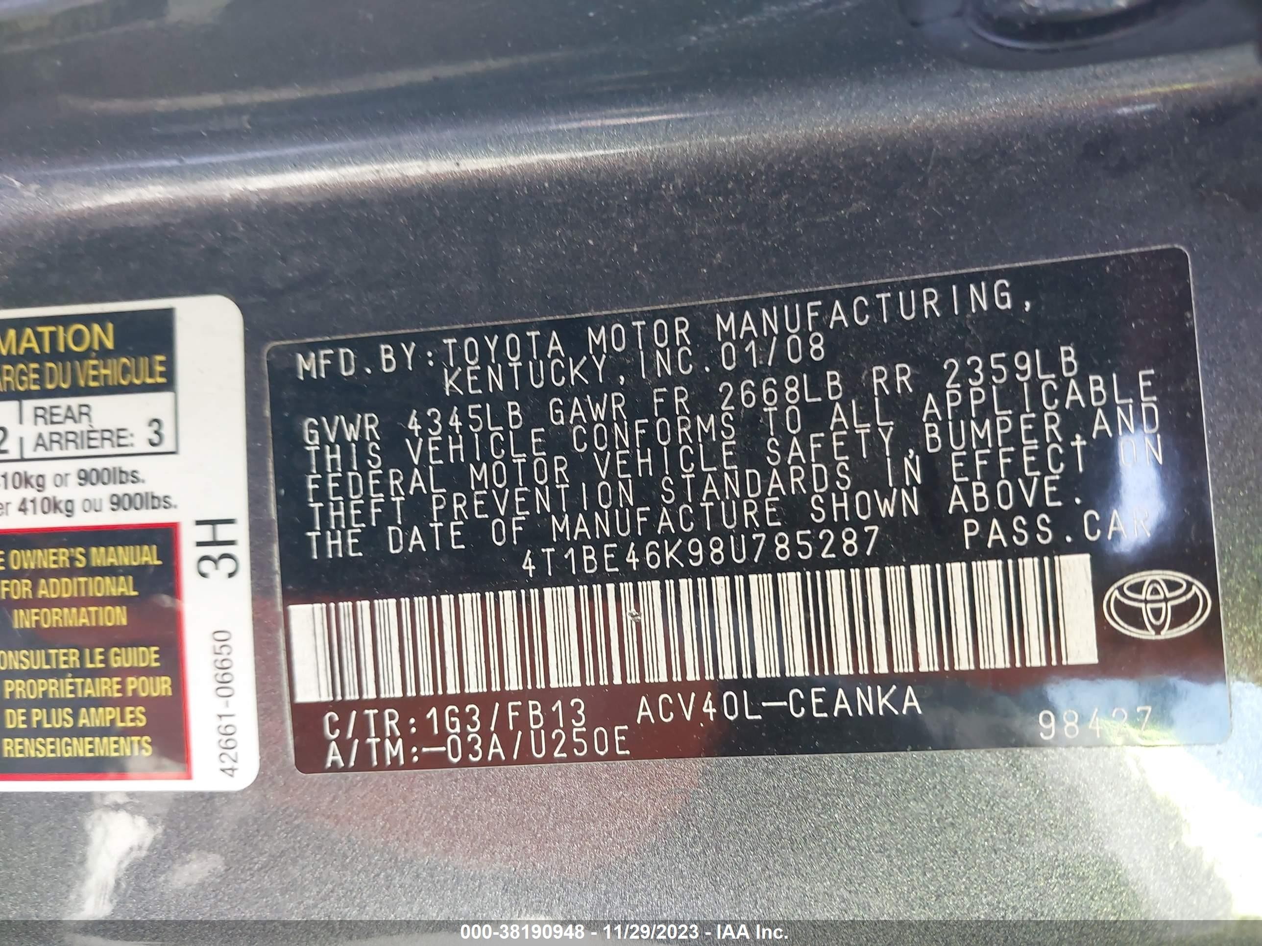 Photo 8 VIN: 4T1BE46K98U785287 - TOYOTA CAMRY 