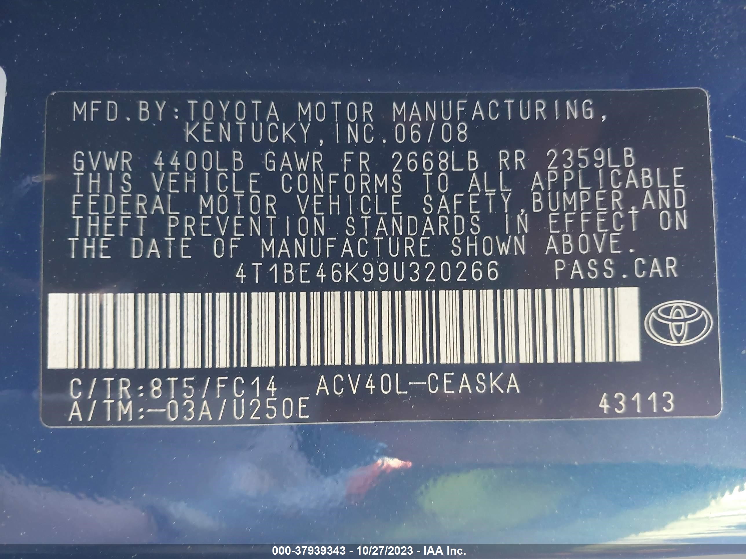 Photo 8 VIN: 4T1BE46K99U320266 - TOYOTA CAMRY 