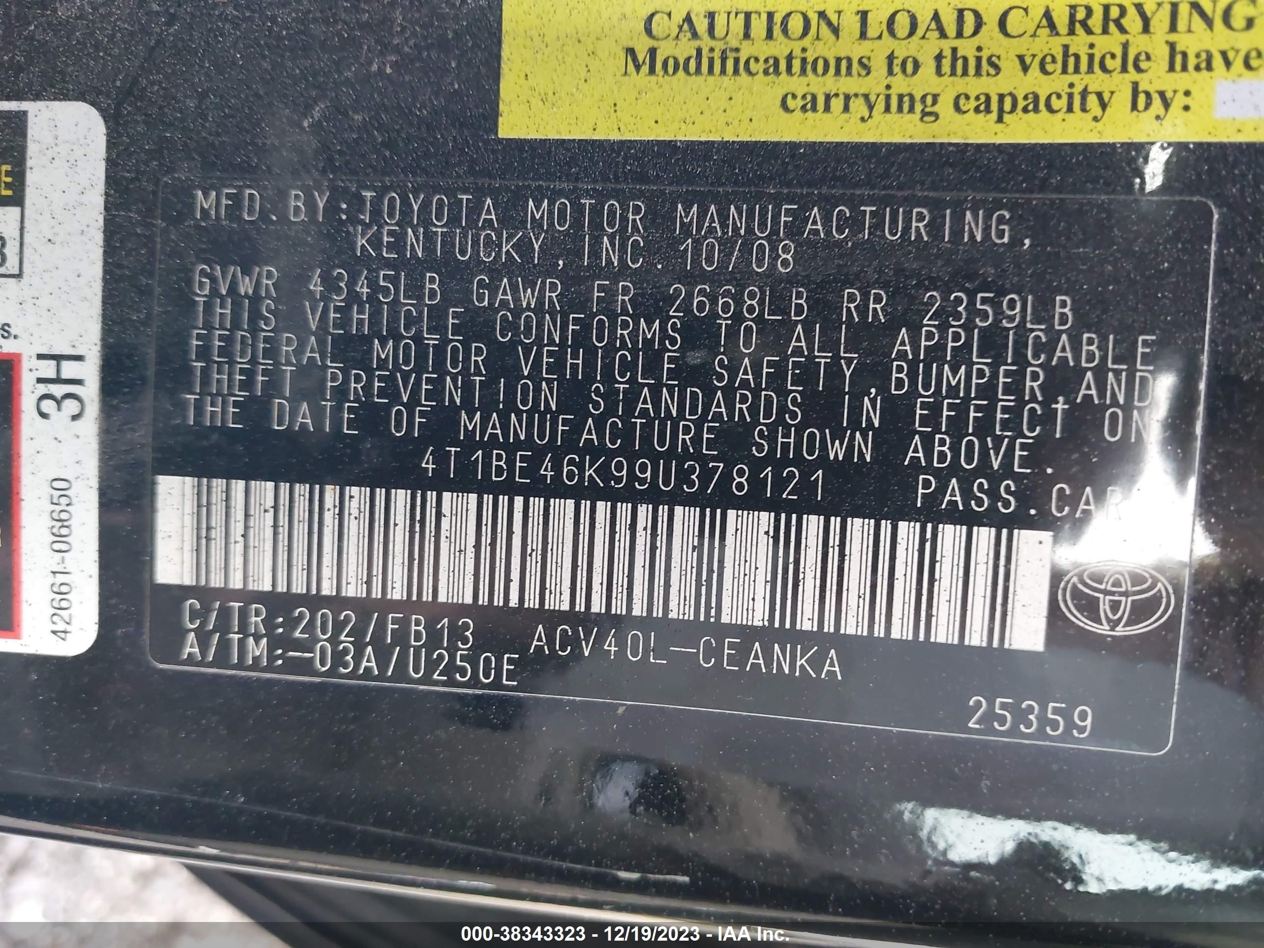 Photo 8 VIN: 4T1BE46K99U378121 - TOYOTA CAMRY 