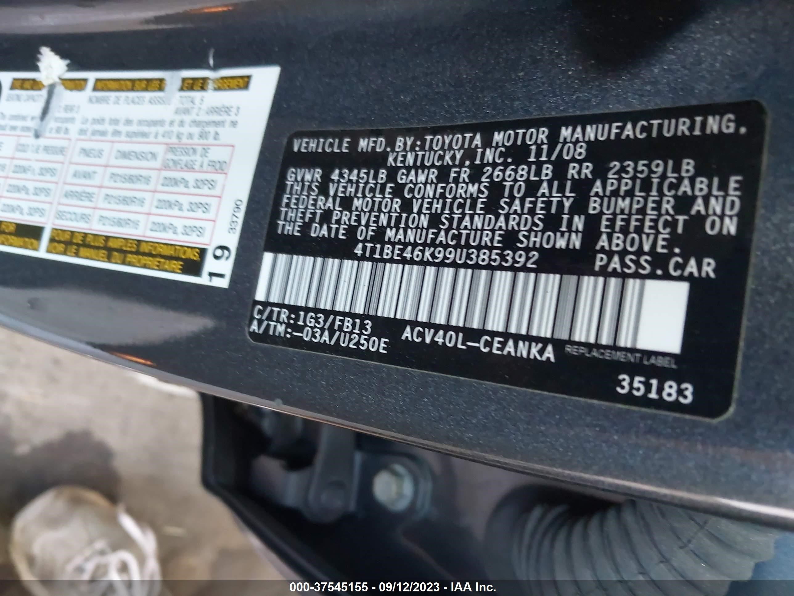 Photo 8 VIN: 4T1BE46K99U385392 - TOYOTA CAMRY 